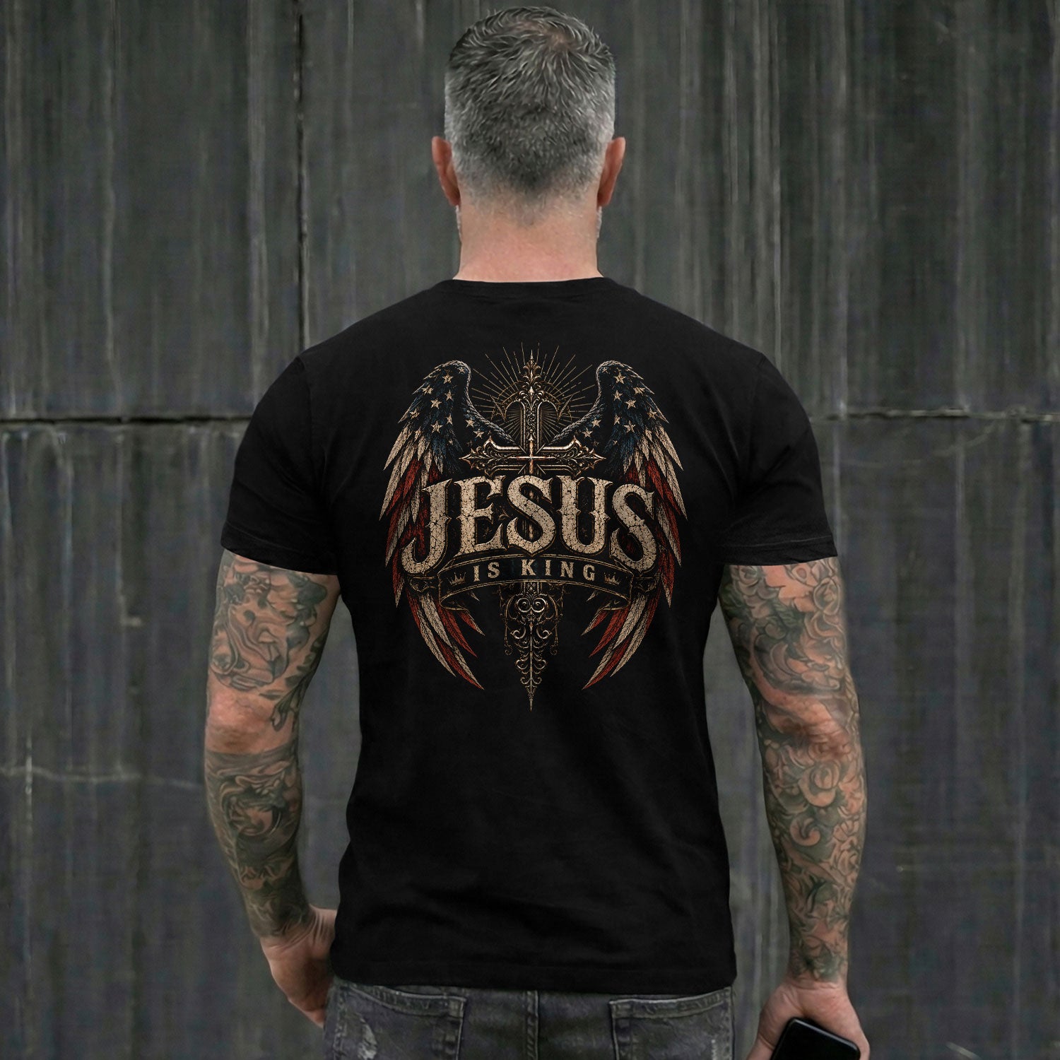 Jesus Is King T Shirt American Flag Cross Angel Wings Religious Apparel Tee Top Unisex - Rust Field Wear