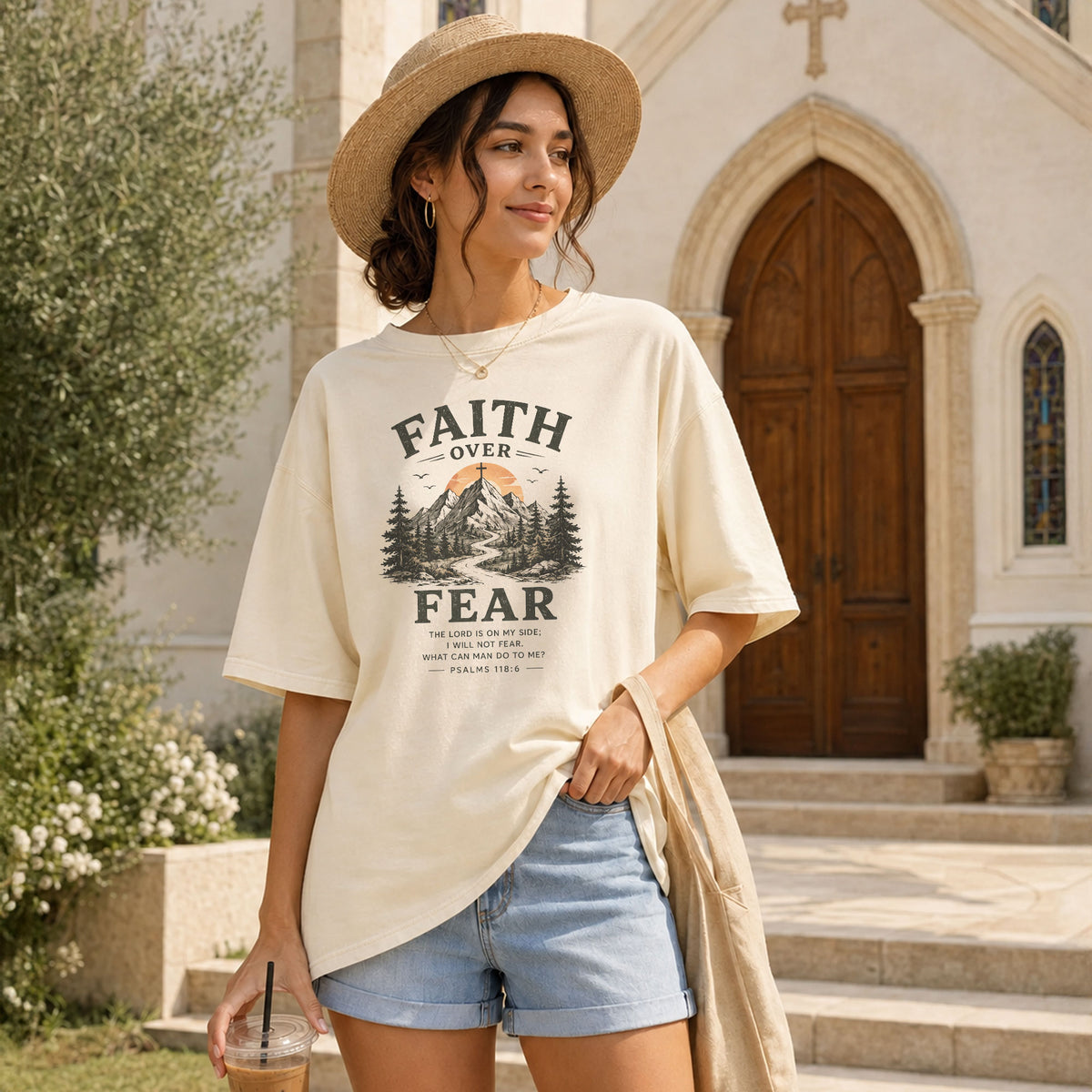 Faith Over Fear Christian Women Shirt Mountain Cross Graphic Inspirational Faith Tee - Rust Field Wear