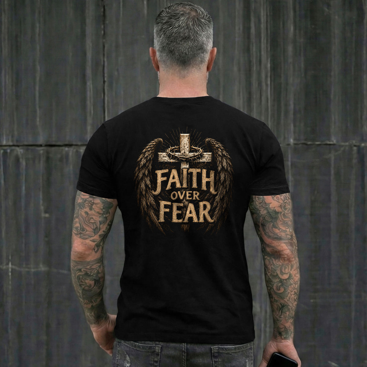 Faith Over Fear Cross Wings Crown Christian Graphic T-Shirt Unisex Casual Apparel - Rust Field Wear