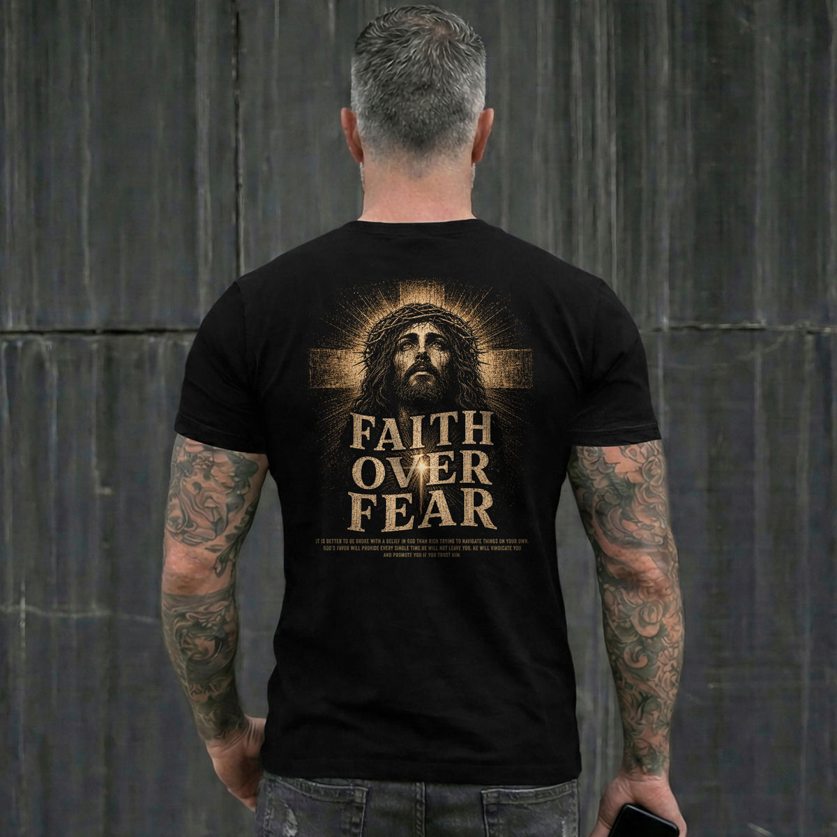 Inspirational Christian T-Shirt Faith Over Fear Jesus Portrait Casual Cotton Top - Rust Field Wear