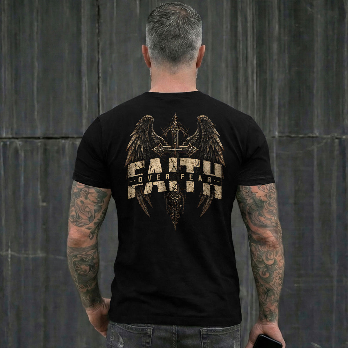 Faith Over Fear T Shirt Christian Angel Wings Cross Religious Apparel Tee Top Unisex - Rust Field Wear