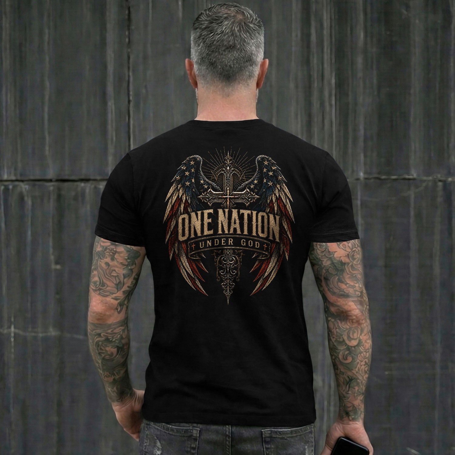 One Nation Under God T Shirt American Flag Wings Cross Religious Apparel Tee Top upsale