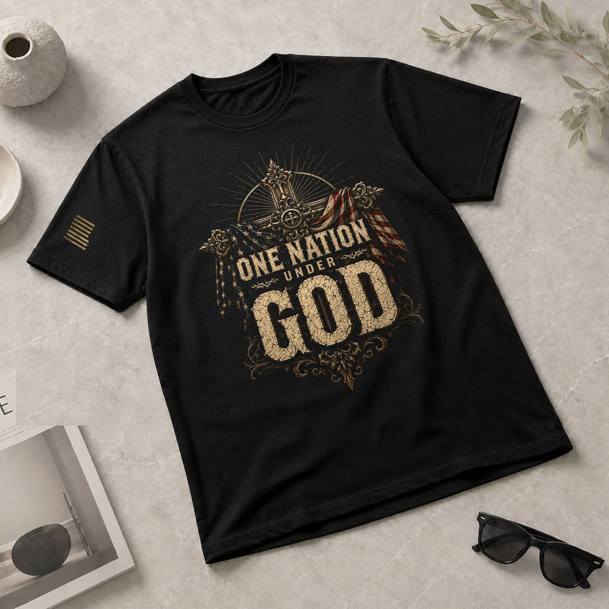 One Nation Under God T Shirt American Flag Cross Christian Patriotic Religious Apparel Tee - Rust Field Wear