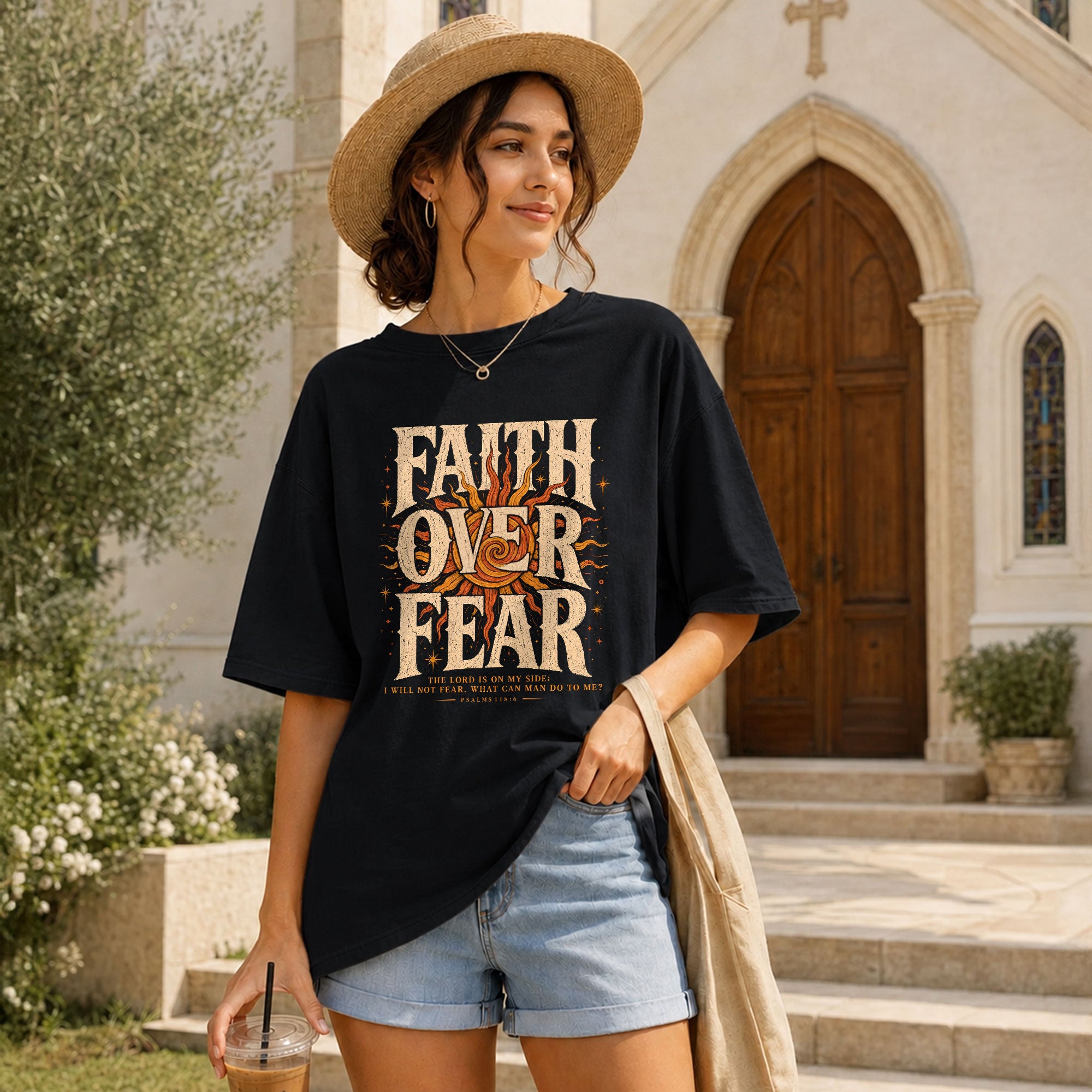Faith Over Fear T Shirt Christian Women Big Bold Sun Psalm 118 6 Religious Tee Top - Rust Field Wear