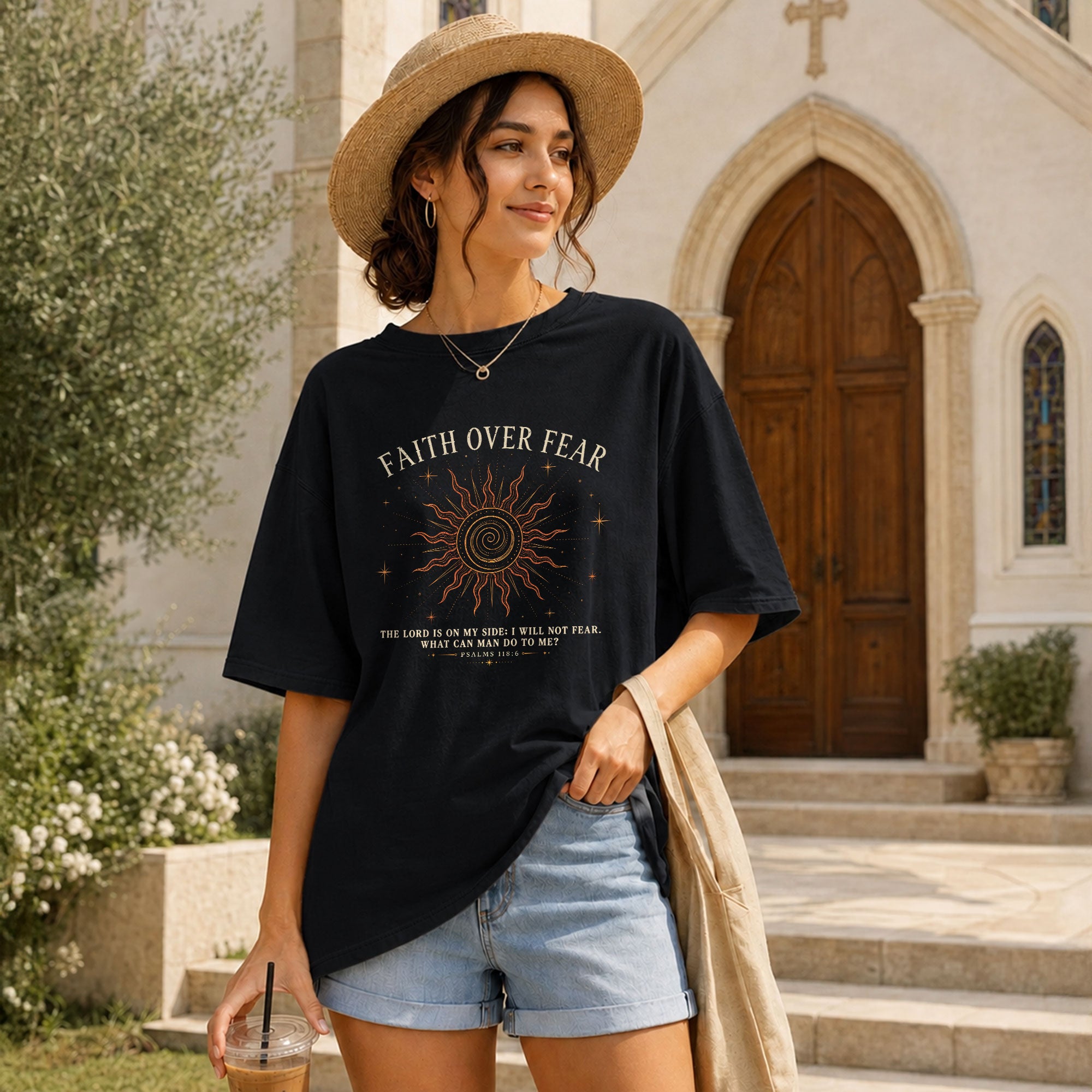 Faith Over Fear T Shirt Christian Women Radiant Sun Psalms 118 6 Religious Tee Top - Rust Field Wear