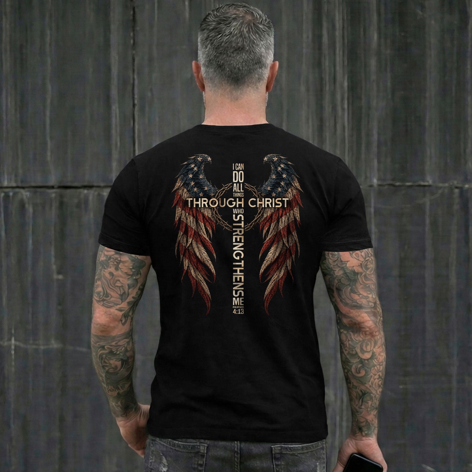 Through Christ Who Strengthens Me Shirt Cross Flag Wings Philippians 4 13 Graphic Tee
