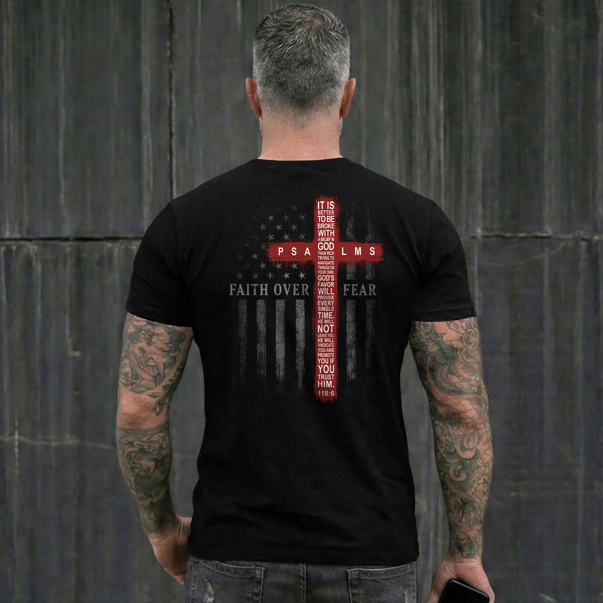Patriotic Faith Over Fear American Flag Cross Psalms 118 6 Christian T Shirt Apparel - Rust Field Wear
