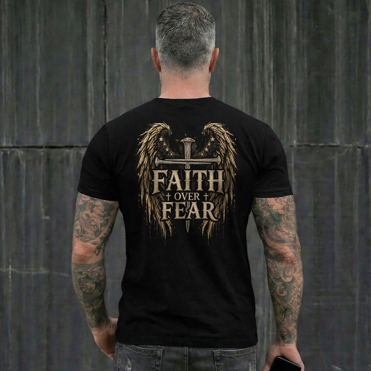 Faith Over Fear Angel Wings Cross Graphic Christian Tee Shirt Apparel Men Clothing - Rust Field Wear
