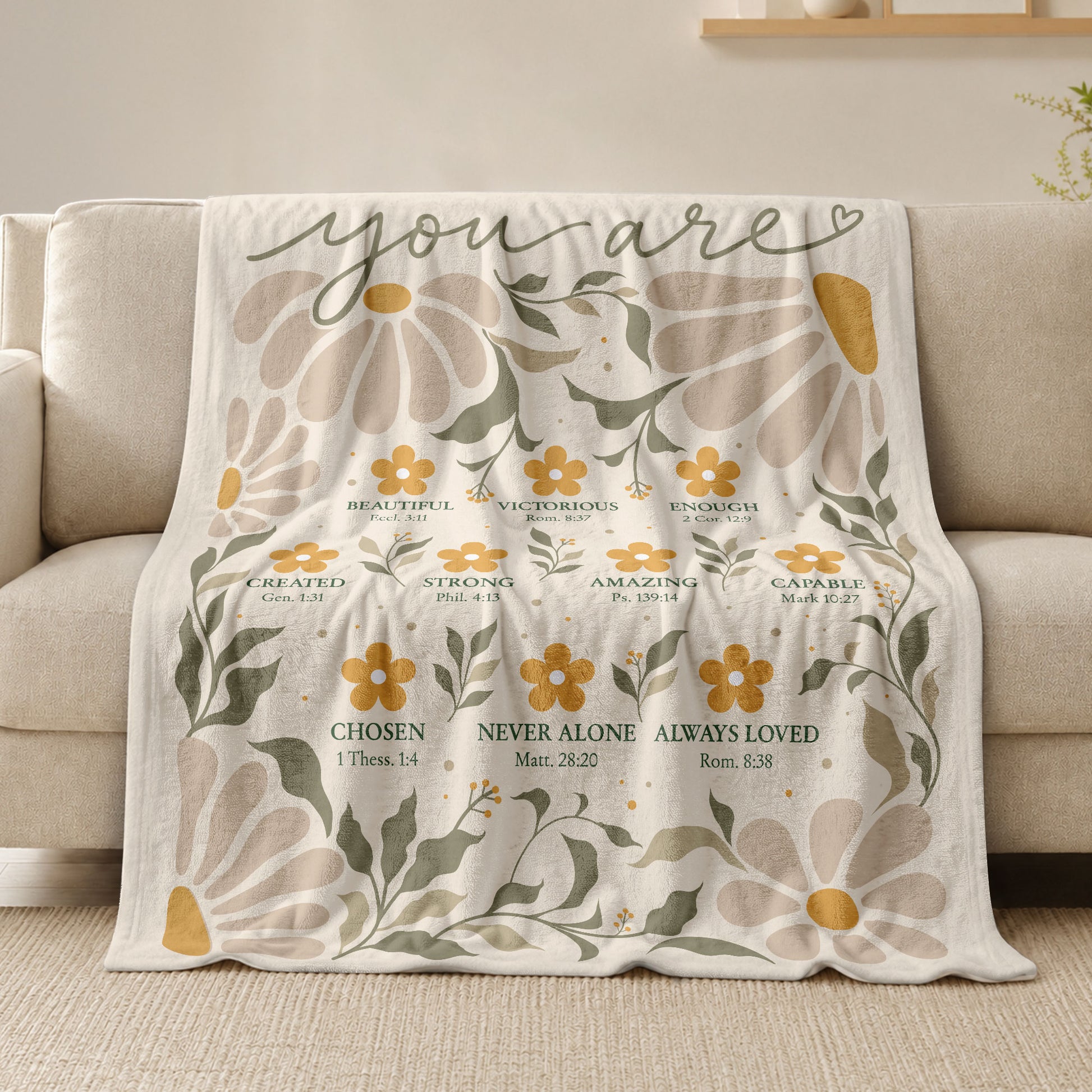 Christian Blanket for Women, Bible Verse Throw Blanket - Inspirational Floral Faith Design - Rust Field Wear