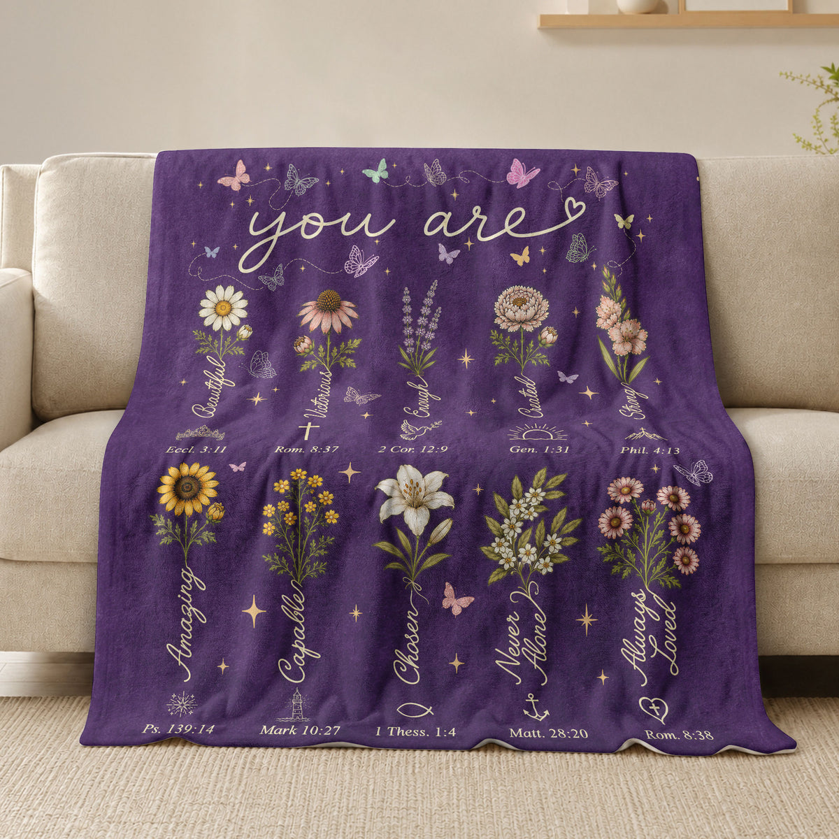Christian Blanket for Women, Bible Verse Throw Blanket - Butterfly Scripture Home Decor - Rust Field Wear