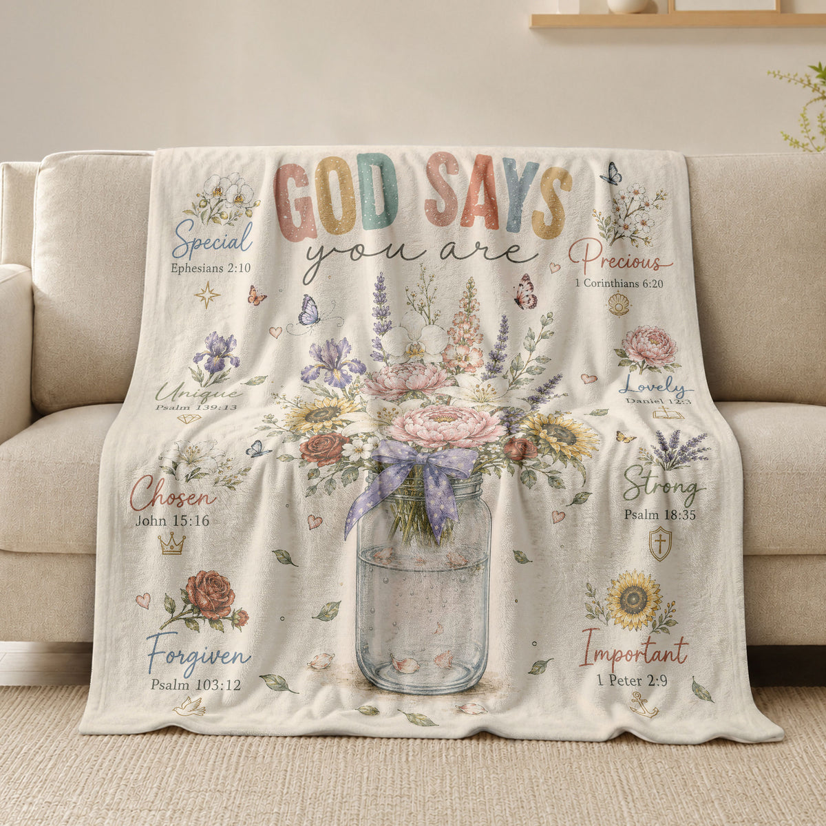 Christian Blanket for Women, Bible Verse Throw Blanket - Floral Butterfly Faith Design - Rust Field Wear