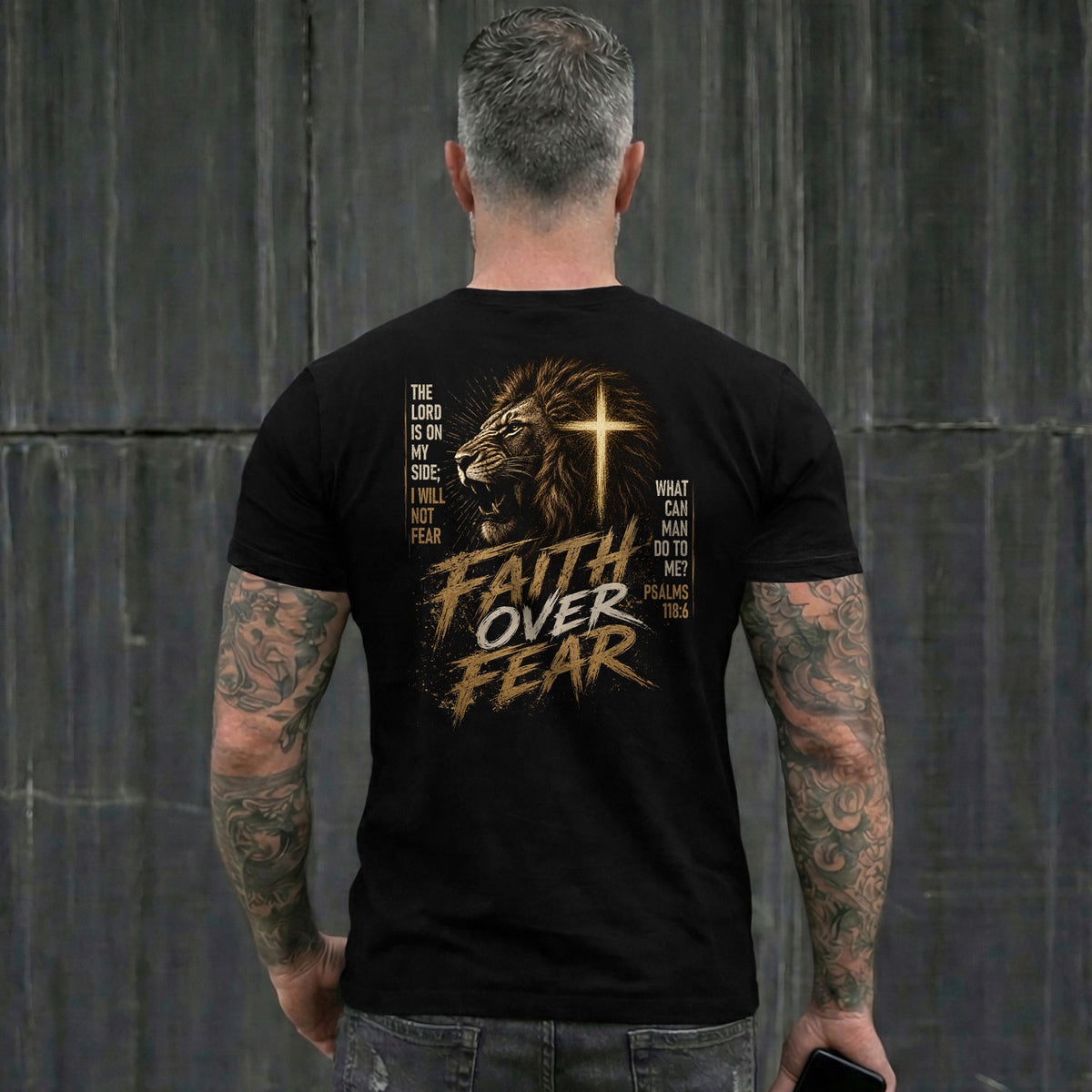 Faith Over Fear T-Shirt Lion Of Judah Christian Cross Psalms 118 6 Faith Graphic Tee - Rust Field Wear