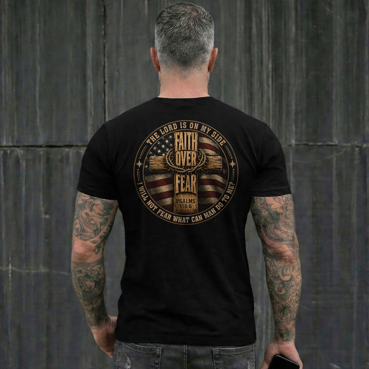 Faith Over Fear T-Shirt Christian Cross US Flag Psalms 118 6 Patriotic Graphic Tee - Rust Field Wear