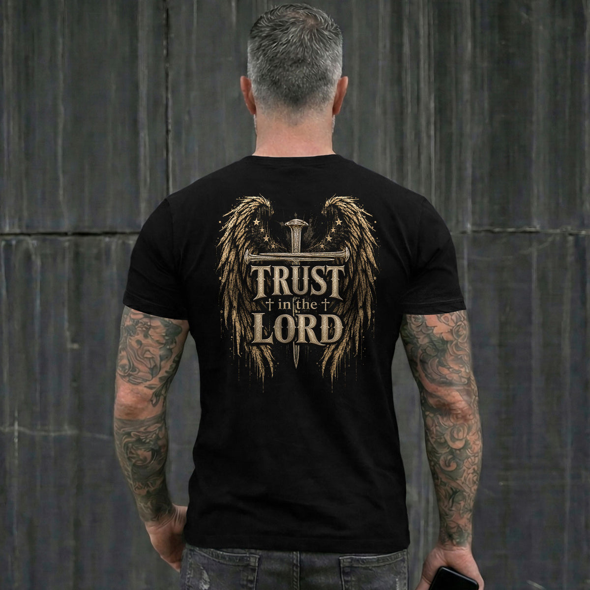 Trust In The Lord Angel Wings Cross Graphic Christian T Shirt Apparel Men Clothing - Rust Field Wear