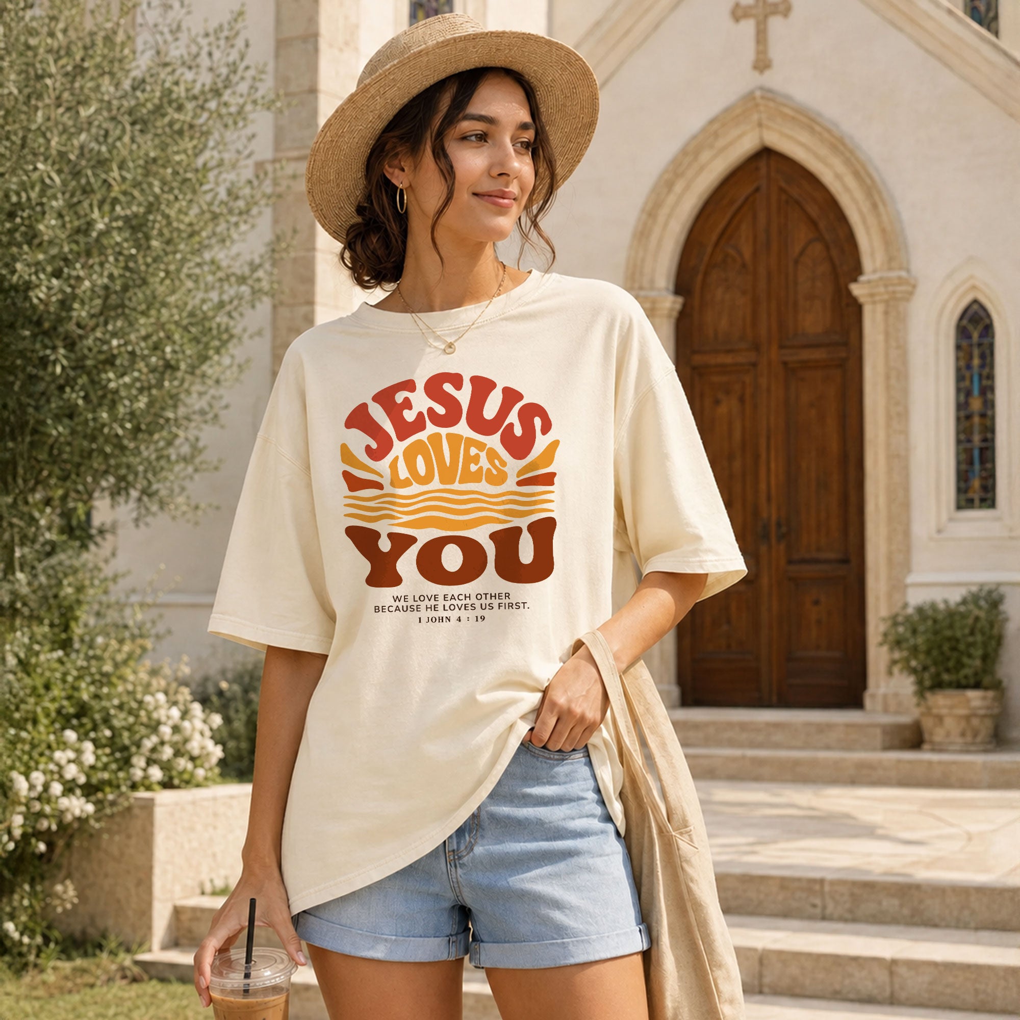 Jesus Loves You Shirt Sunset Wavy 70s Christian Bible Verse 1 John 4 19 Graphic Tee - Rust Field Wear