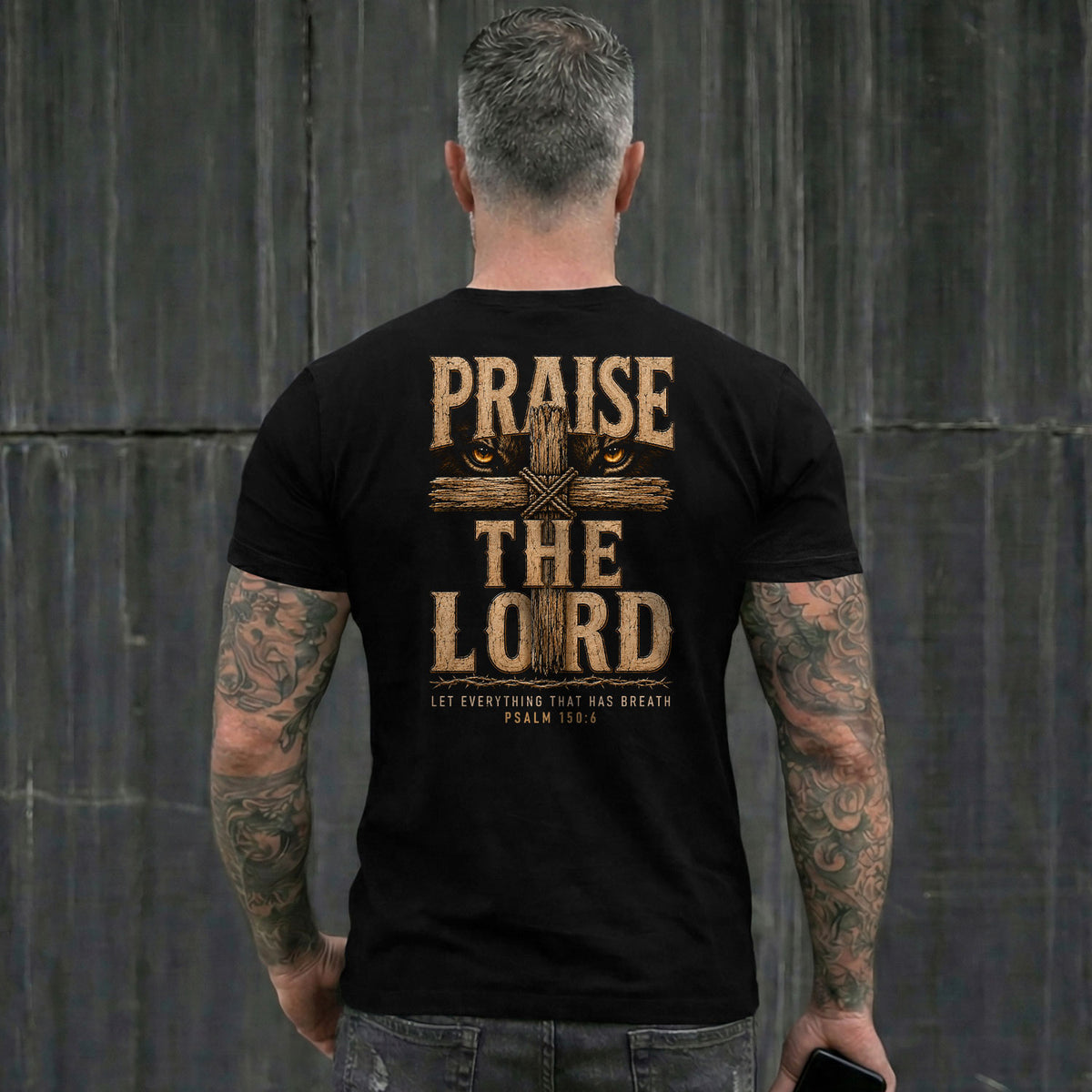 Praise The Lord Shirt Lion Of Judah Wooden Cross Christian Psalm 150 6 Faith Graphic Tee - Rust Field Wear