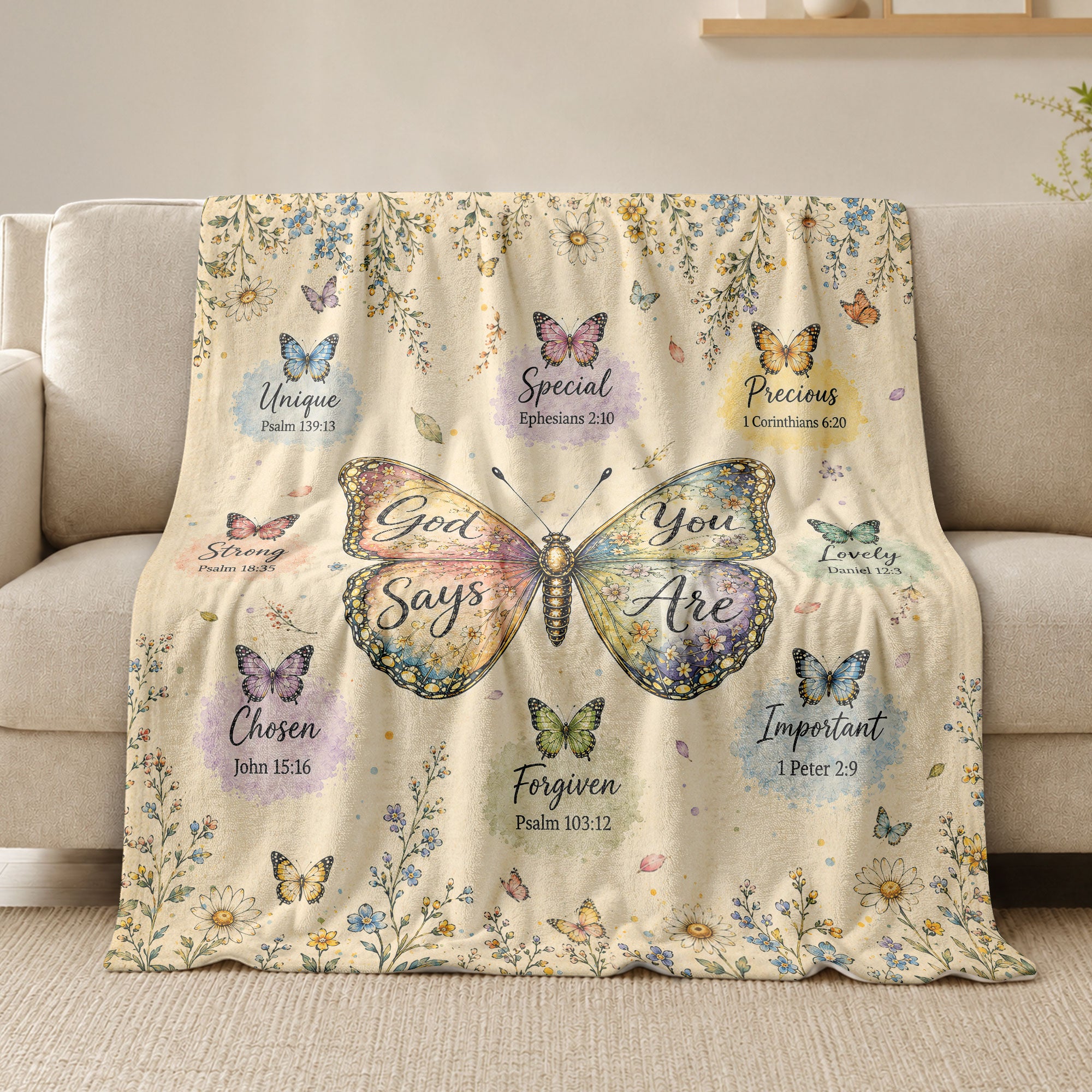 God Says You Are Butterfly Blanket with Bible Verses and Christian Floral Artwork upsale - Rust Field Wear