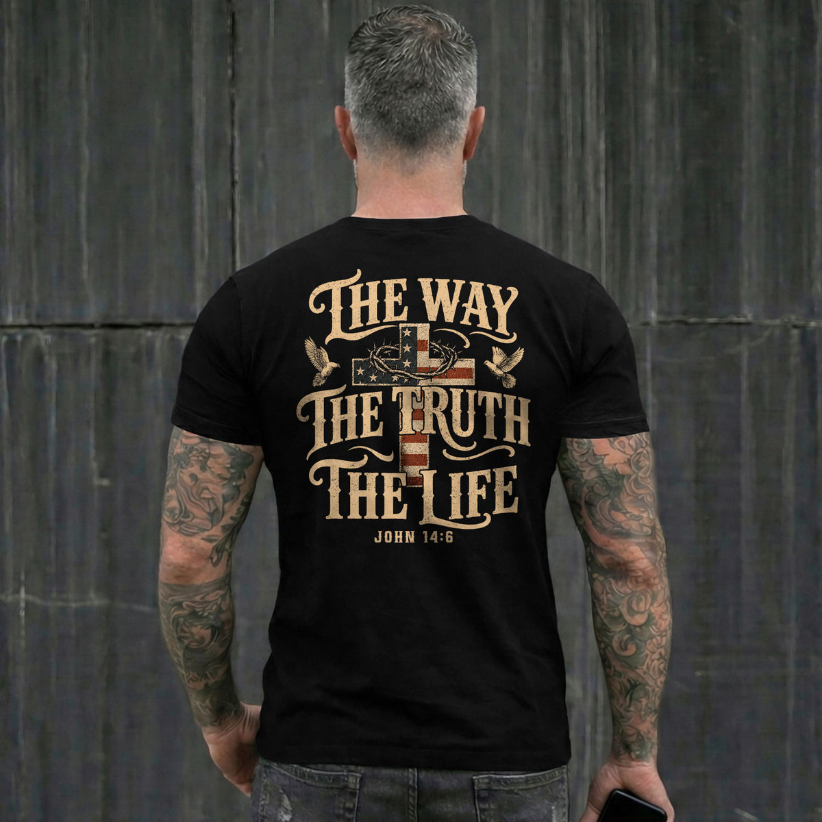 The Way The Truth The Life John American Flag Cross Crown Of Thorns Graphic T Shirt Men - Rust Field Wear