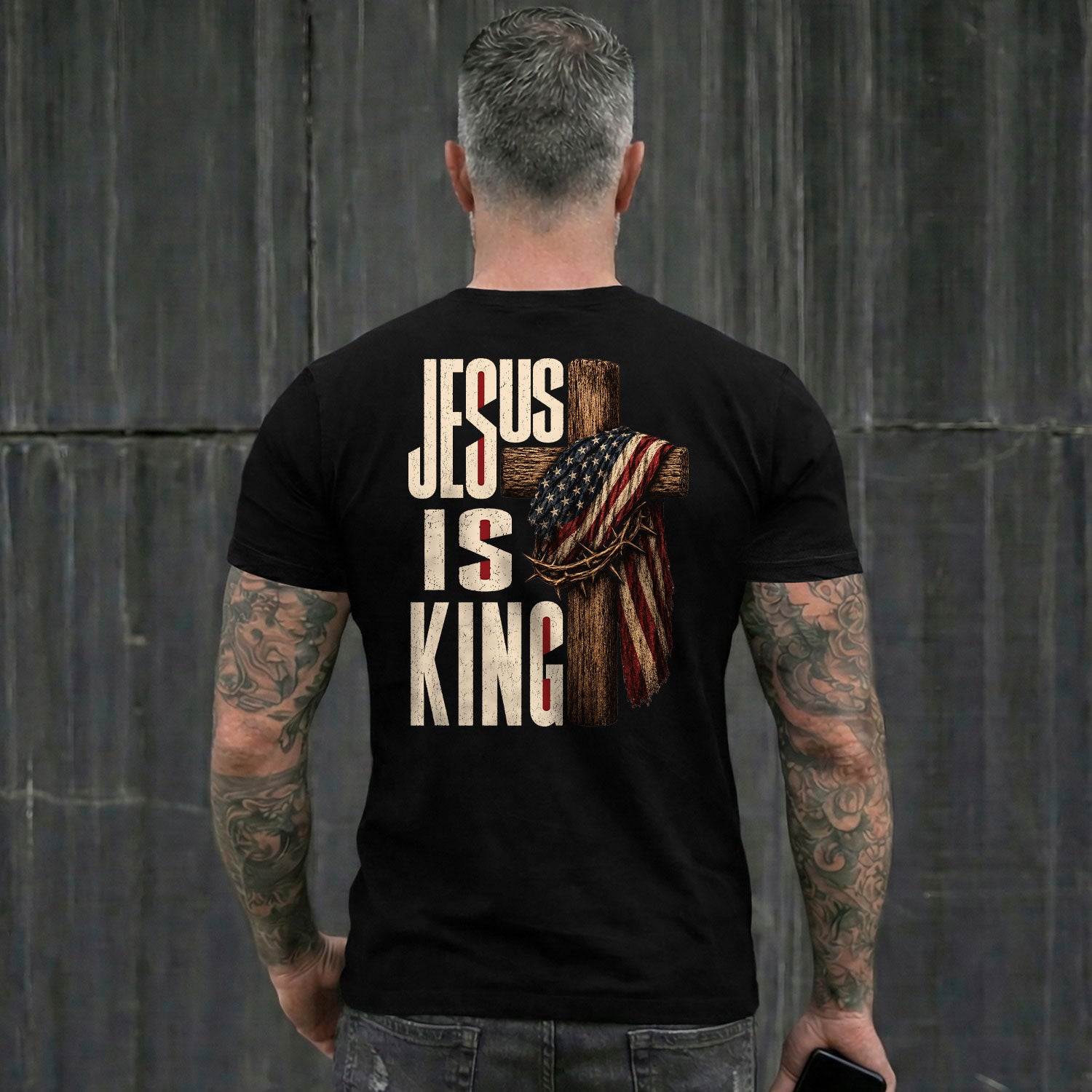 Jesus Is King Shirt Patriotic Christian Men Shirt Wooden Cross American Flag Crown Of Thorns - Rust Field Wear
