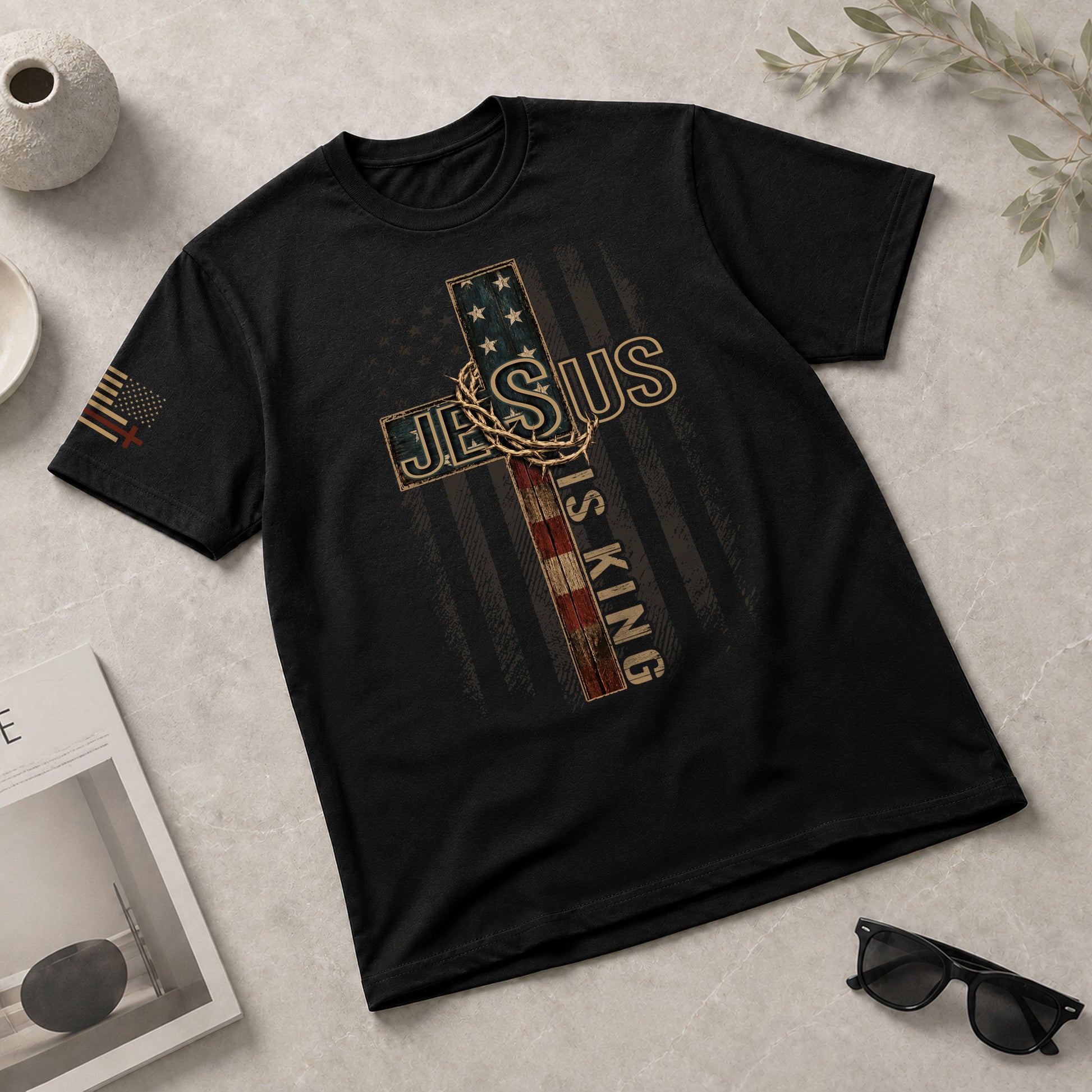 Jesus Is King Shirt Patriotic Christian Men Shirt American Flag Cross Crown Of Thorns Tee - Rust Field Wear