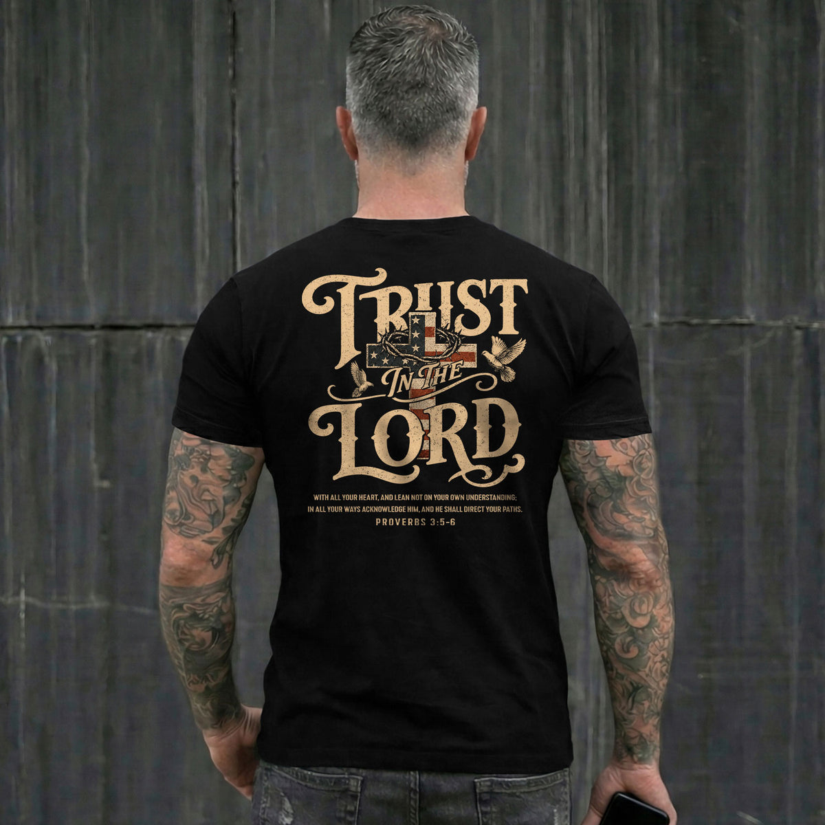 Trust In The Lord Proverbs American Flag Cross Doves Christian Graphic T Shirt Men - Rust Field Wear