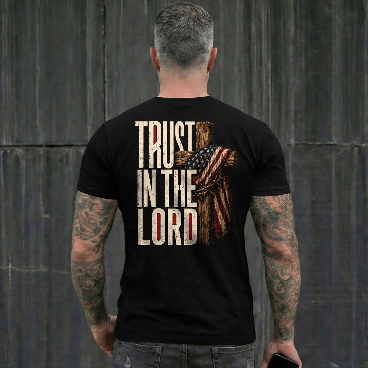 Trust In The Lord American Flag Cross Crown Of Thorns Christian Graphic T Shirt Men - Rust Field Wear