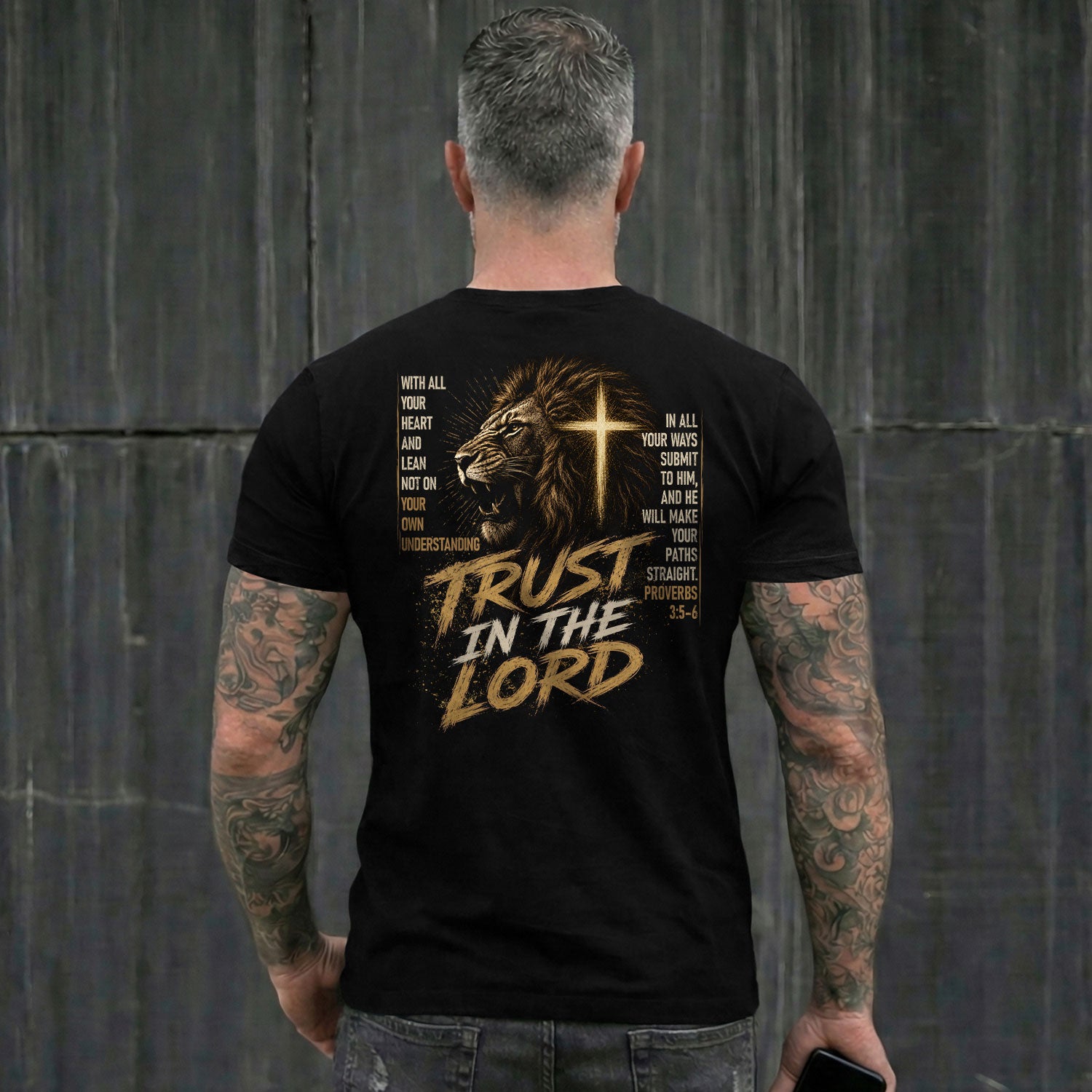 Trust In The Lord Lion Cross Scripture Christian Graphic Casual Crewneck Tee Shirt Men - Rust Field Wear