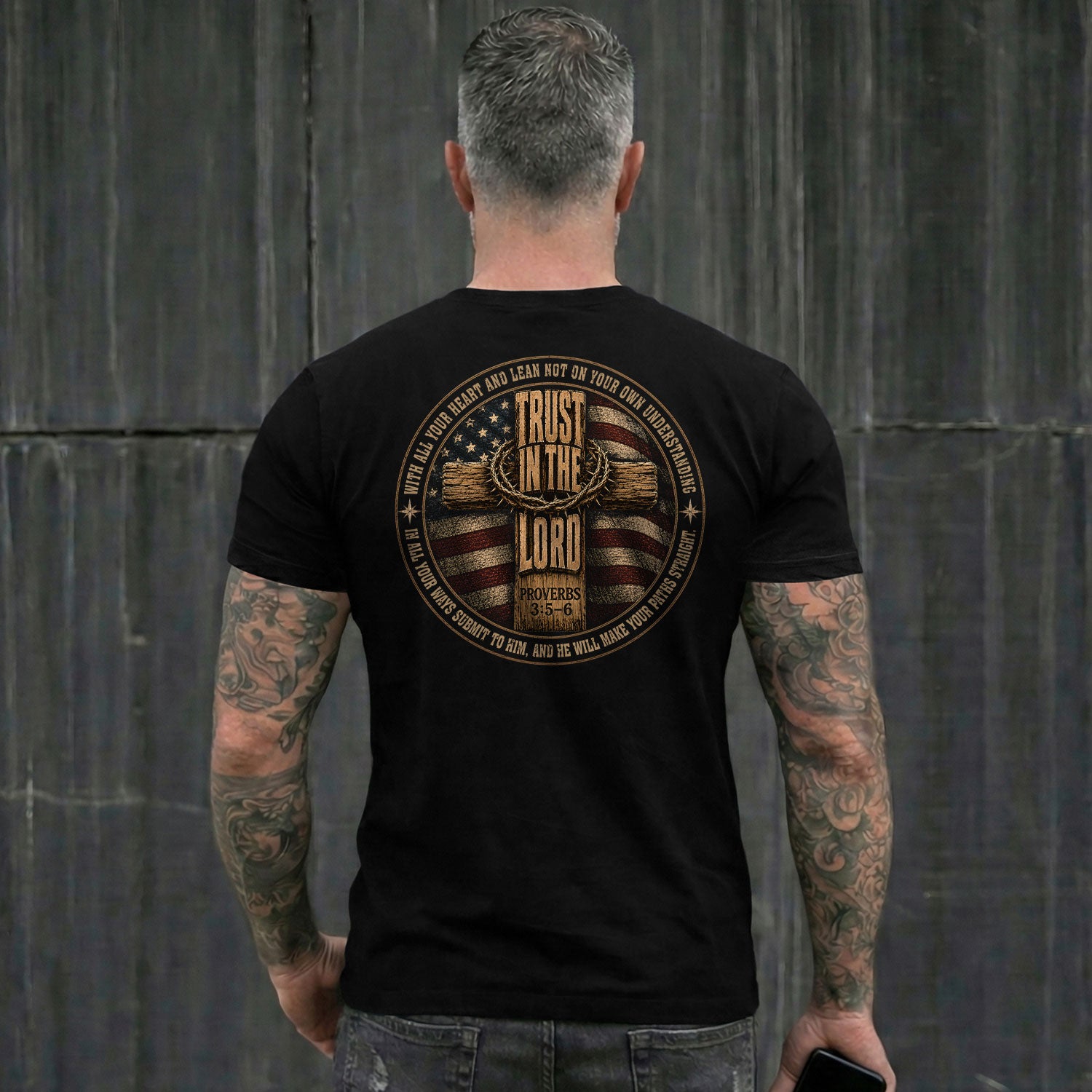 Trust In The Lord American Flag Cross Christian Shirt Graphic Casual Crewneck Men - Rust Field Wear