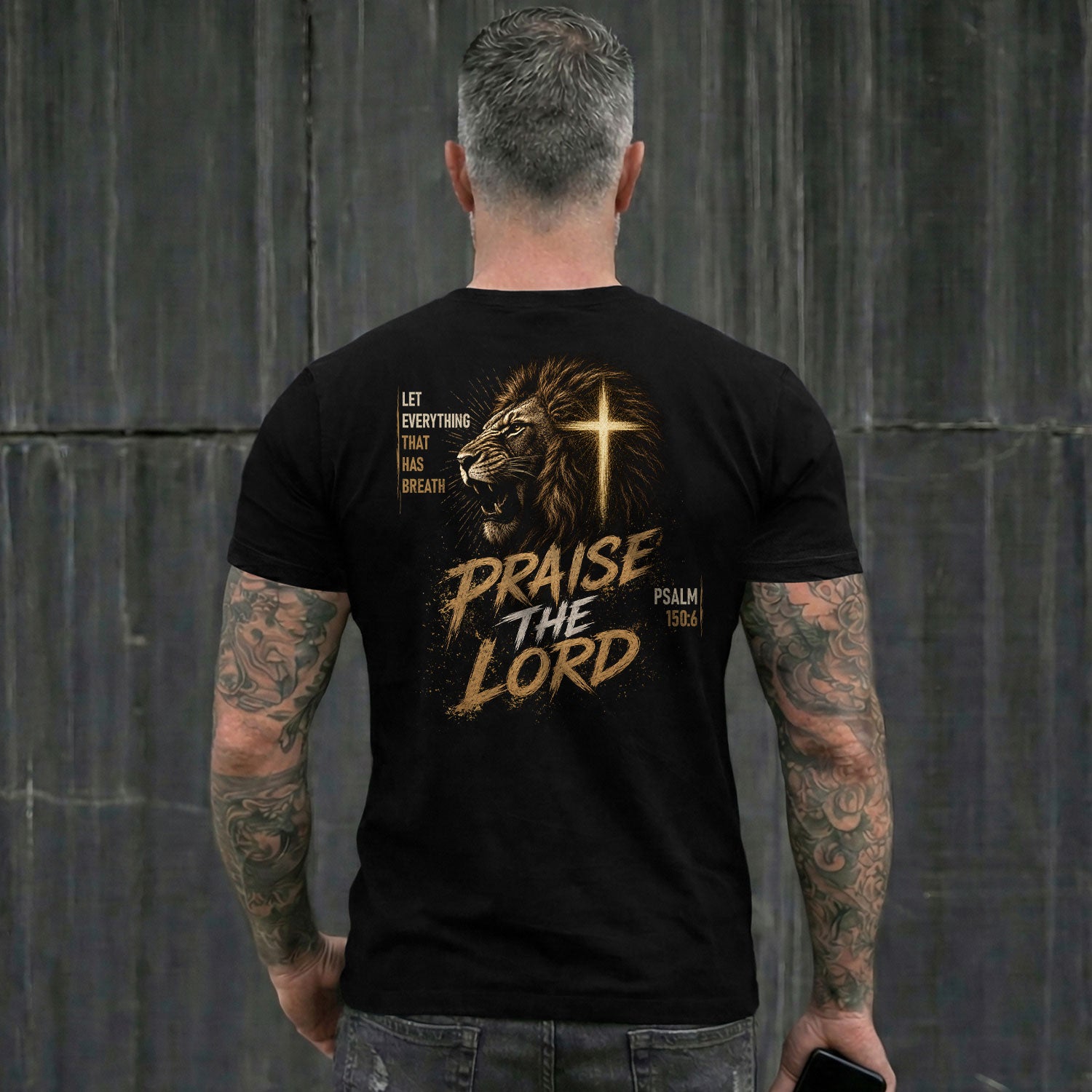 Praise The Lord Lion Cross Psalm Scripture Christian Graphic Casual Crewneck Tee Shirt Men - Rust Field Wear