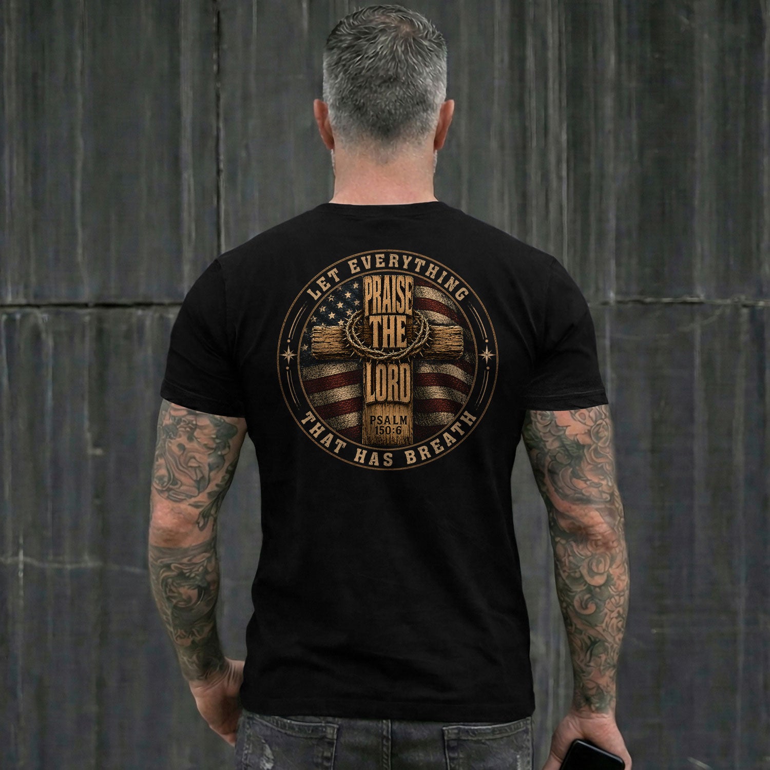 Let Everything That Has Breath Praise The Lord American Flag Cross Graphic Tee Men - Rust Field Wear
