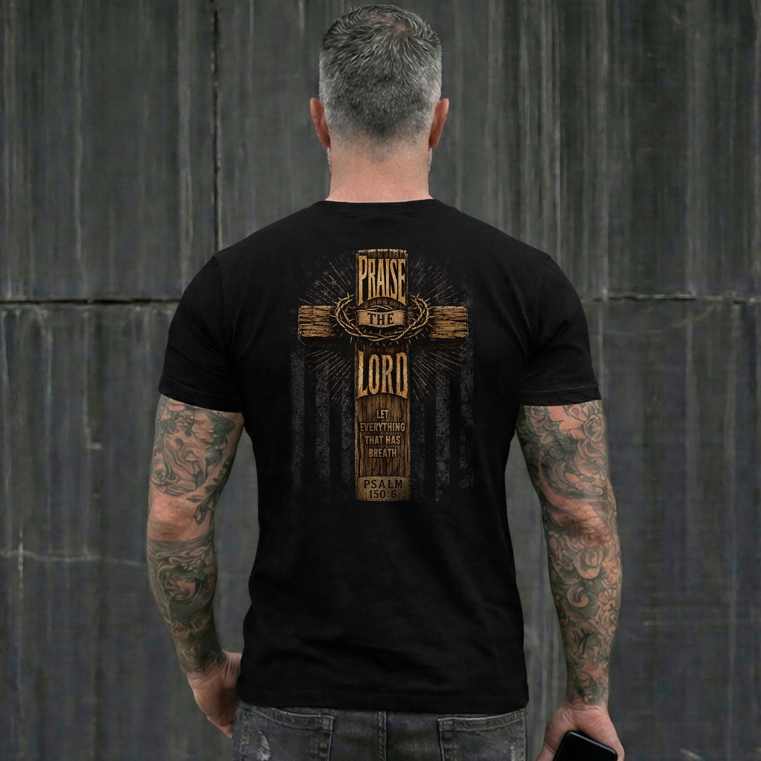 Praise The Lord Wooden Cross Scripture Christian Graphic Casual Crewneck Tee Shirt Men - Rust Field Wear