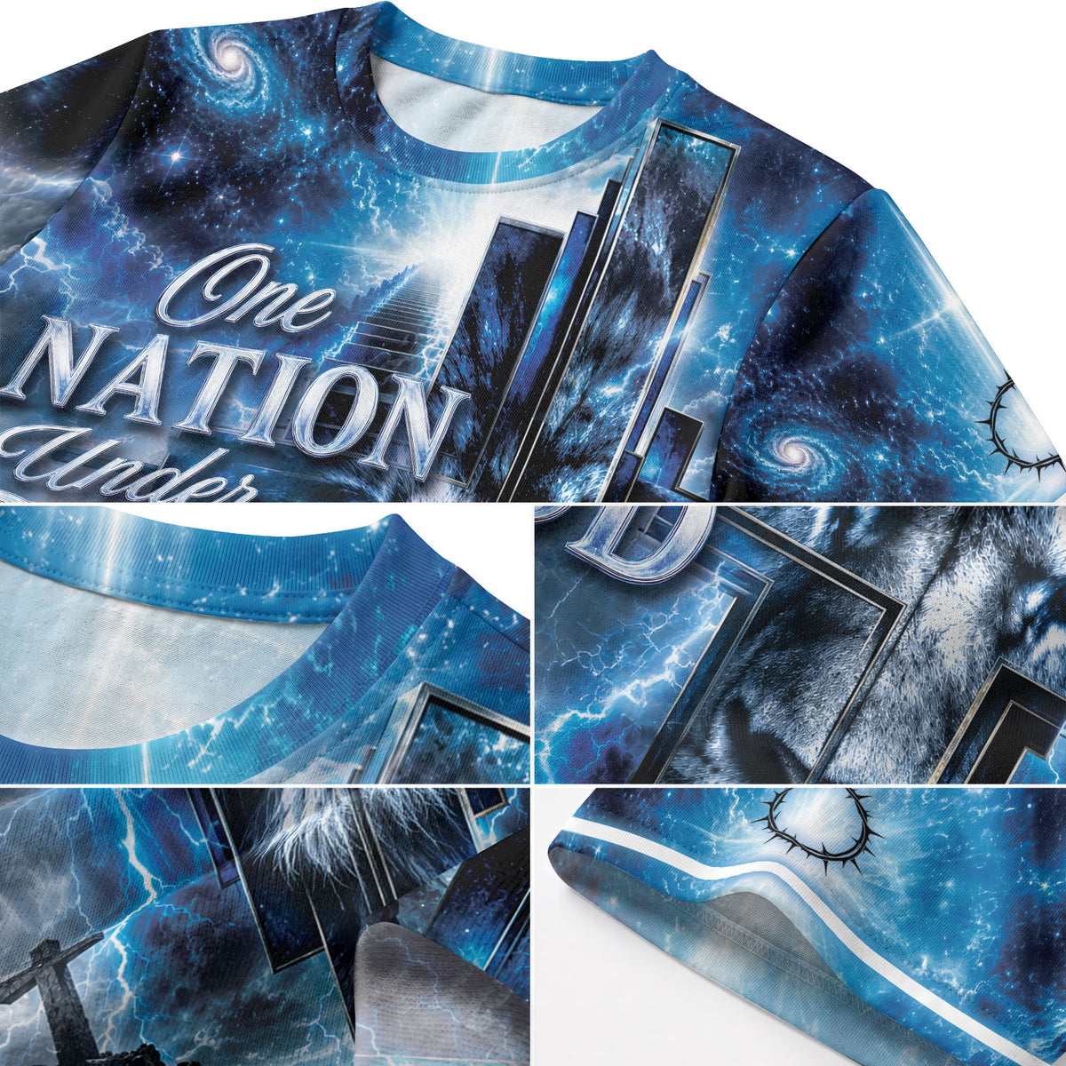 Christian Shirts for Men, One Nation Under God Christian Blue Lion Cross Graphic Lightning Tee - Christian Tee Shirts - Rust Field Wear