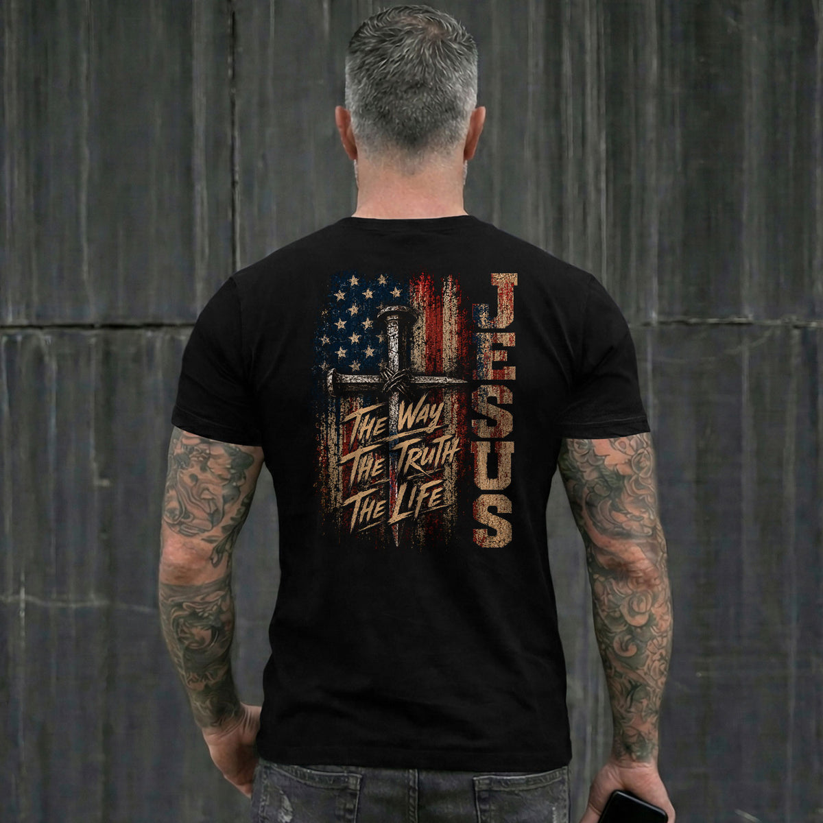 Jesus The Way The Truth The Life Shirt American Flag Cross Christian Graphic Casual Men - Rust Field Wear