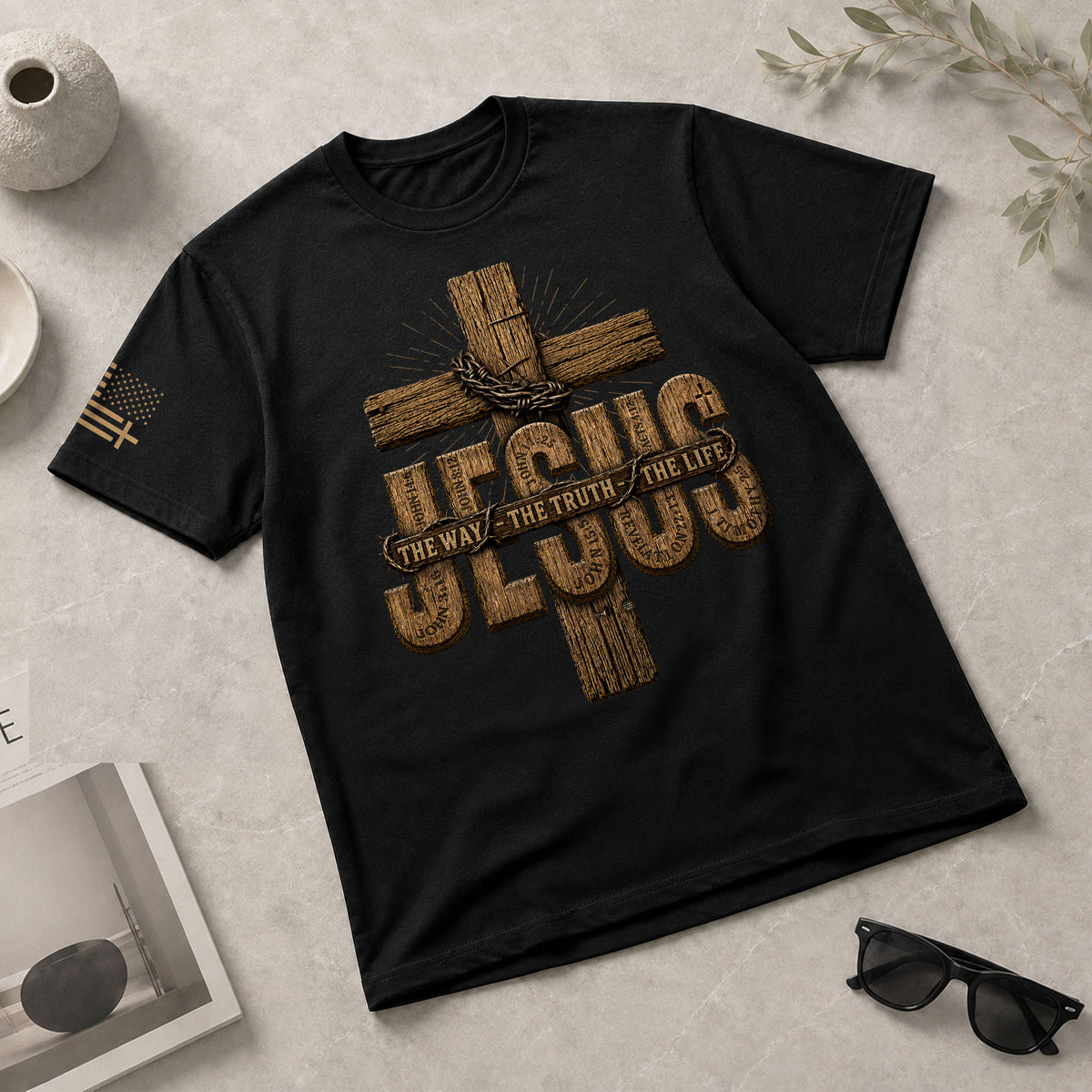 Jesus The Way The Truth The Life Wooden Cross Scripture Christian Graphic Tee Men - Rust Field Wear