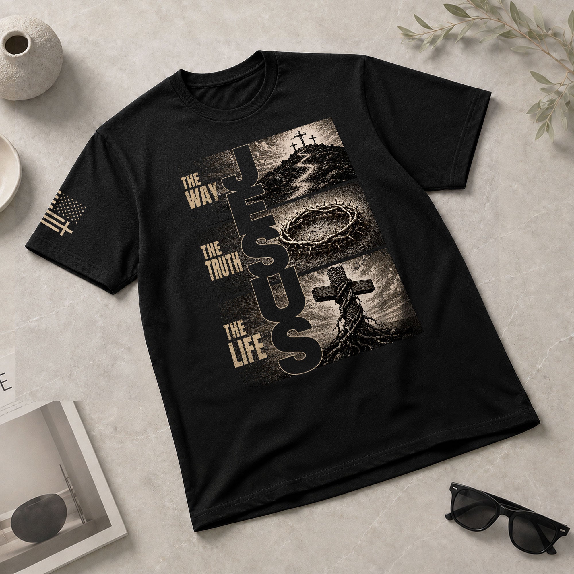 Jesus The Way The Truth The Life Shirt Men Christian T-Shirt Cross Crown Thorns Graphic Tee