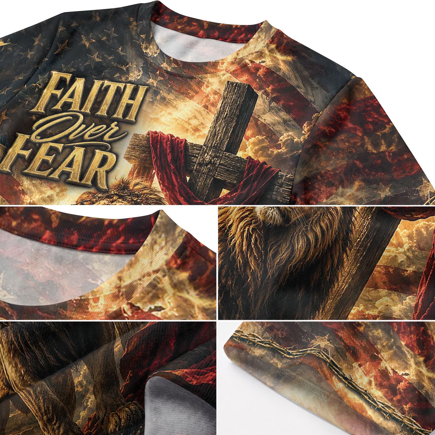 Faith Over Fear Shirt Christian Lion Cross Jesus 3D All Over Print Graphic Men T-Shirt