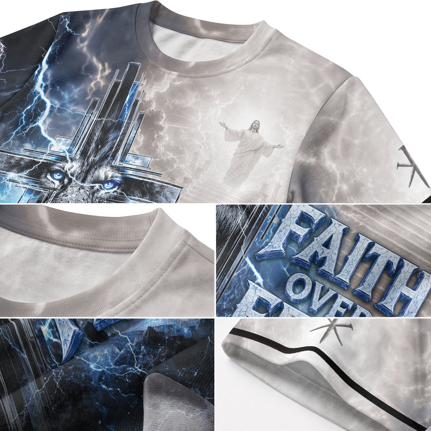 Faith Over Fear Jesus Shirt Blue Lightning Lion Cross 3D All Over Print Christian Men Apparel