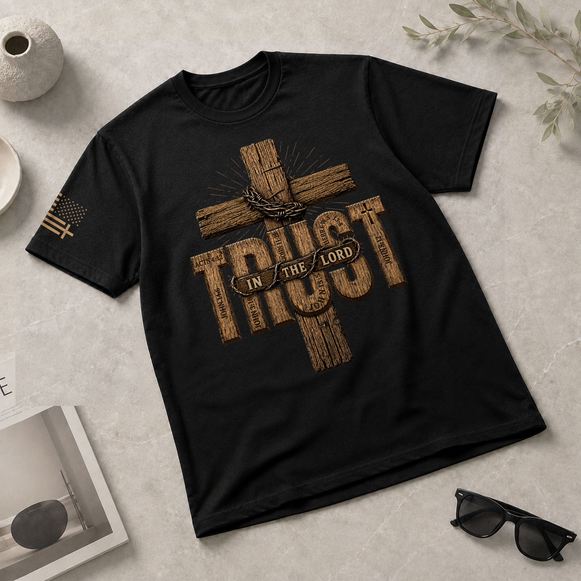 Trust In The Lord Mens Christian Shirt Wooden Cross Bible Verse Graphic T-Shirt - Rust Field Wear