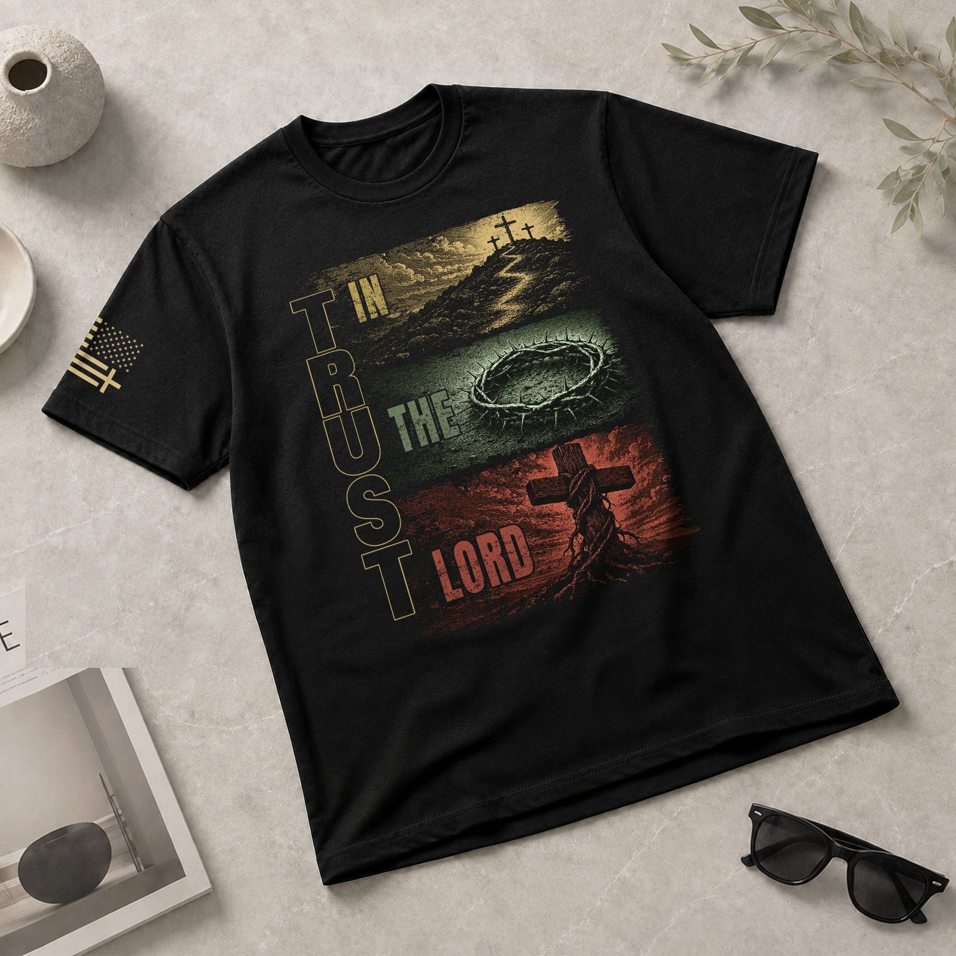 Trust In The Lord Shirt Mens Christian Calvary Cross Crown Thorns Religious Tee - Rust Field Wear