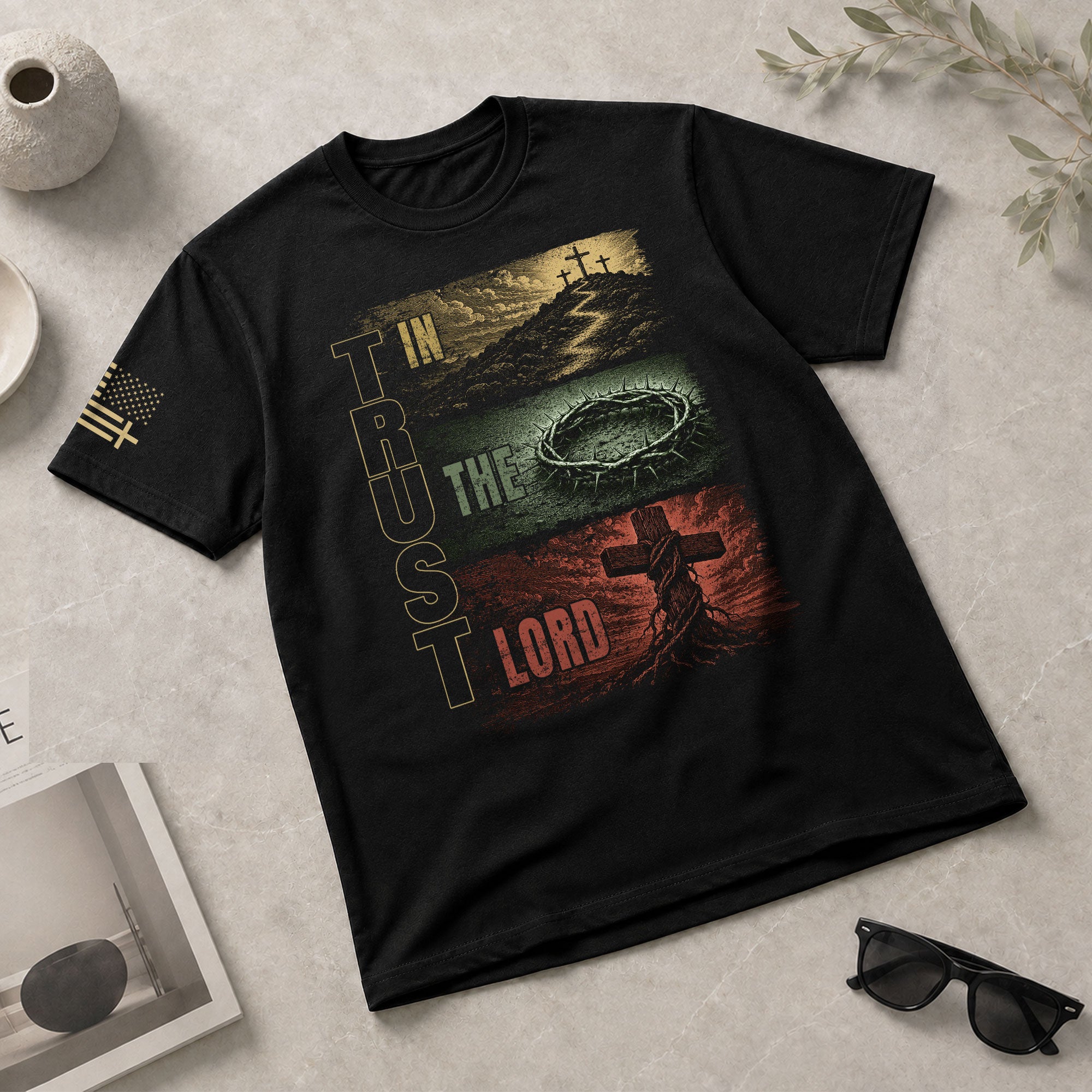 Trust In The Lord Shirt Mens Christian Calvary Cross Crown Thorns Religious Tee - Rust Field Wear