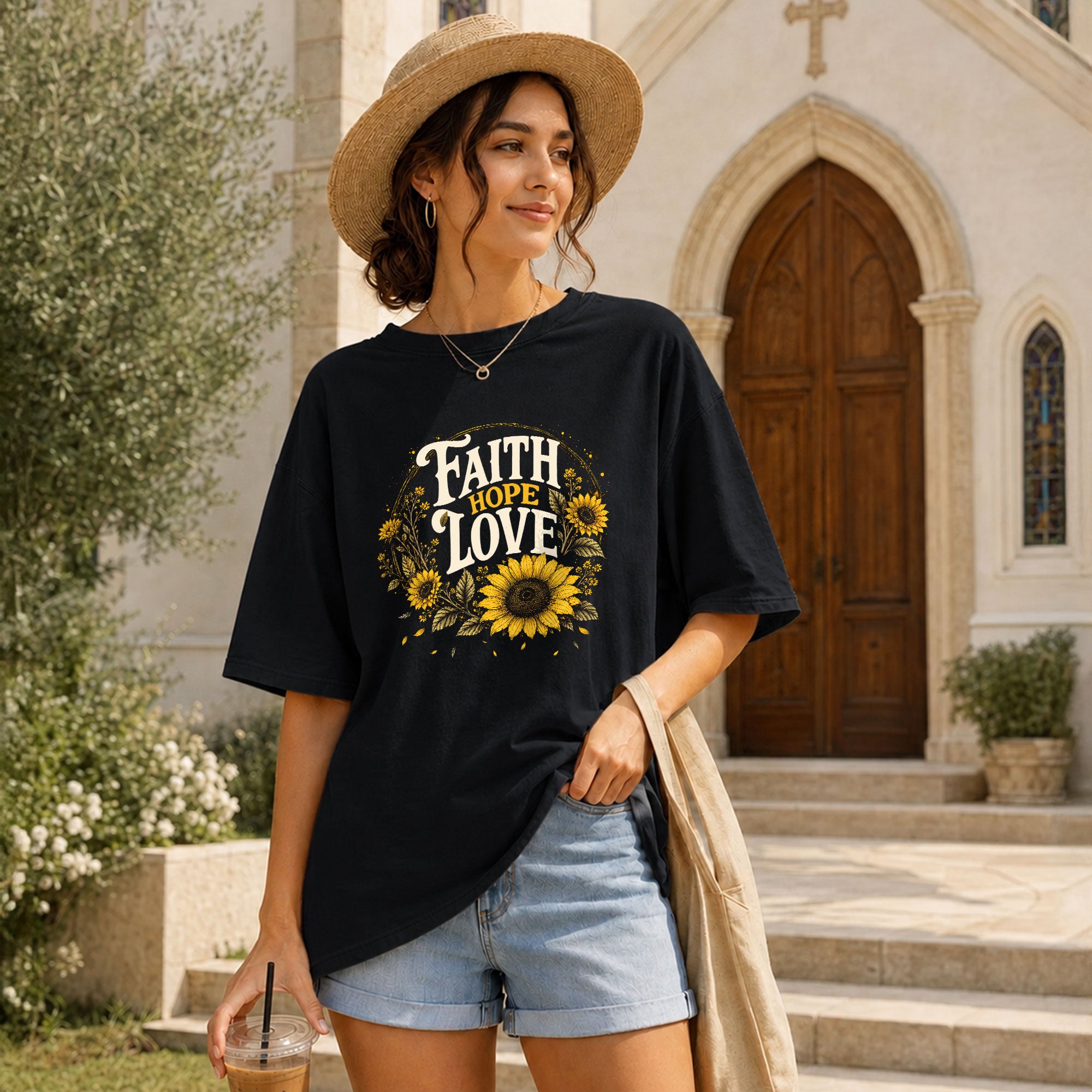 Faith Hope Love T-Shirt Christian Women Faith Shirt Sunflower Bible Verse Yellow Floral - Rust Field Wear