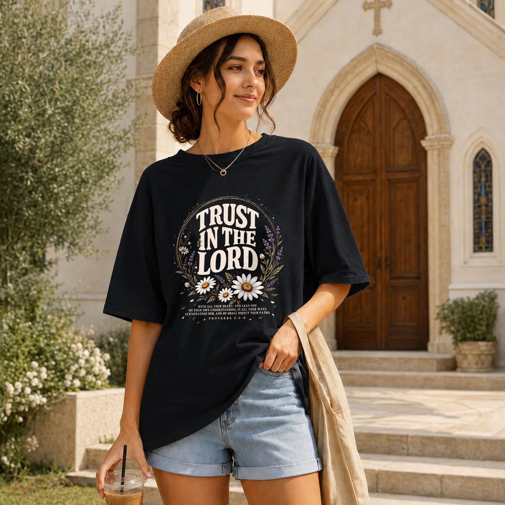 Trust In The Lord T-Shirt Christian Women Faith Shirt Floral Bible Verse Daisy Graphic - Rust Field Wear