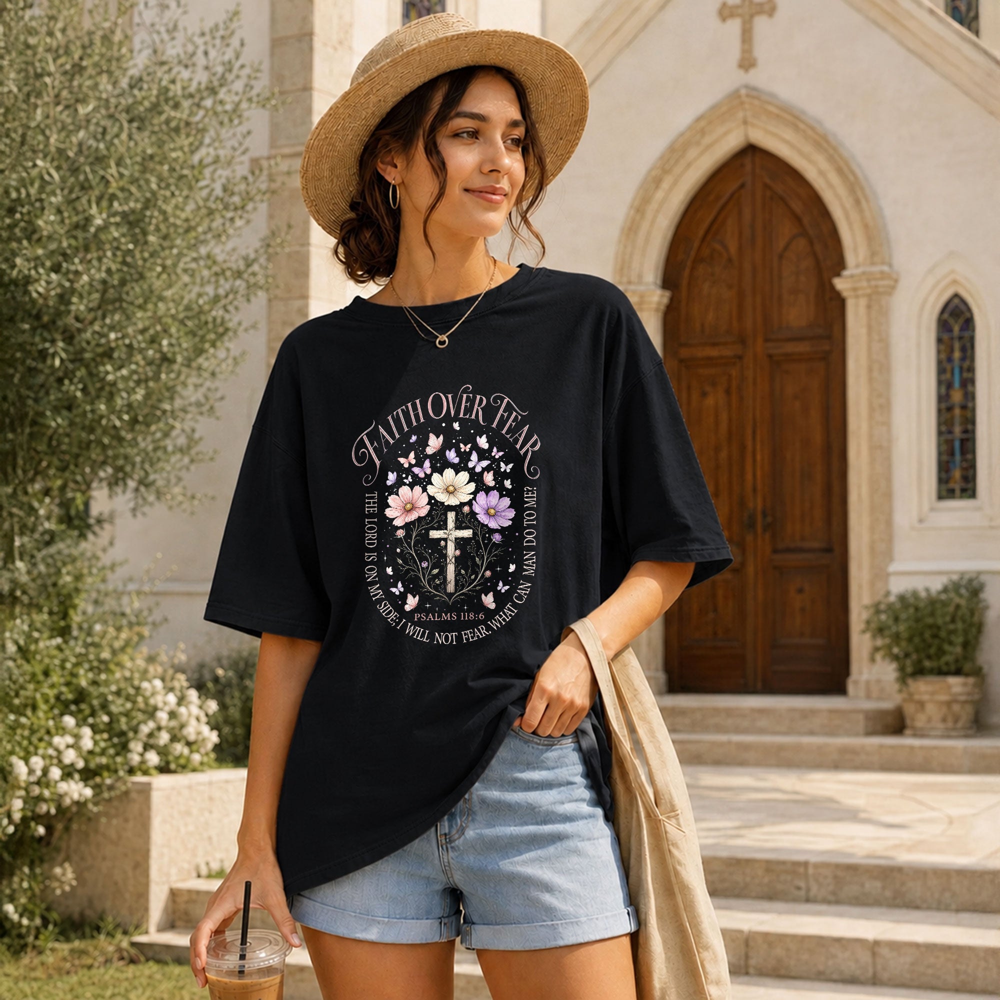 Faith Over Fear Psalms 118:6 Floral Cross Christian Graphic Tee For Women Apparel - Rust Field Wear