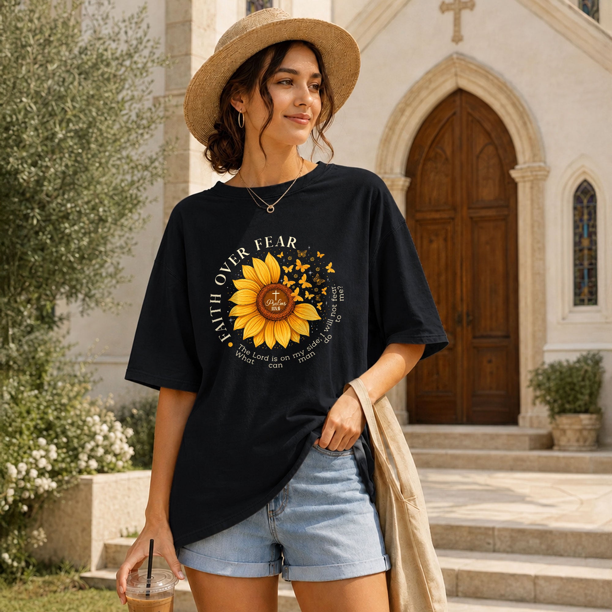 Faith Over Fear Psalms 118:6 Sunflower Butterfly Christian Graphic Tee For Women - Rust Field Wear