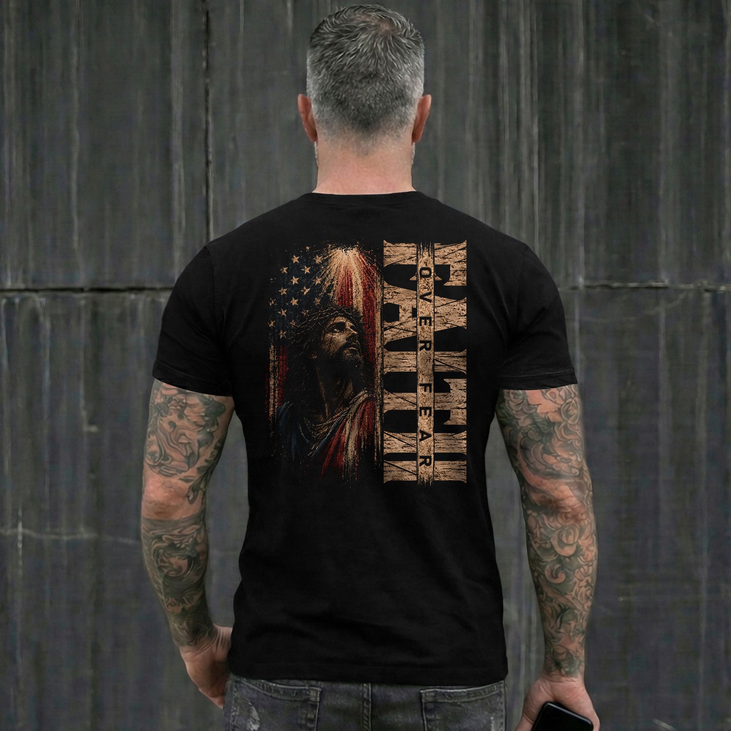 Faith Over Fear Jesus USA Flag Christian Graphic Tee Shirt For Men Faith Apparel - Rust Field Wear