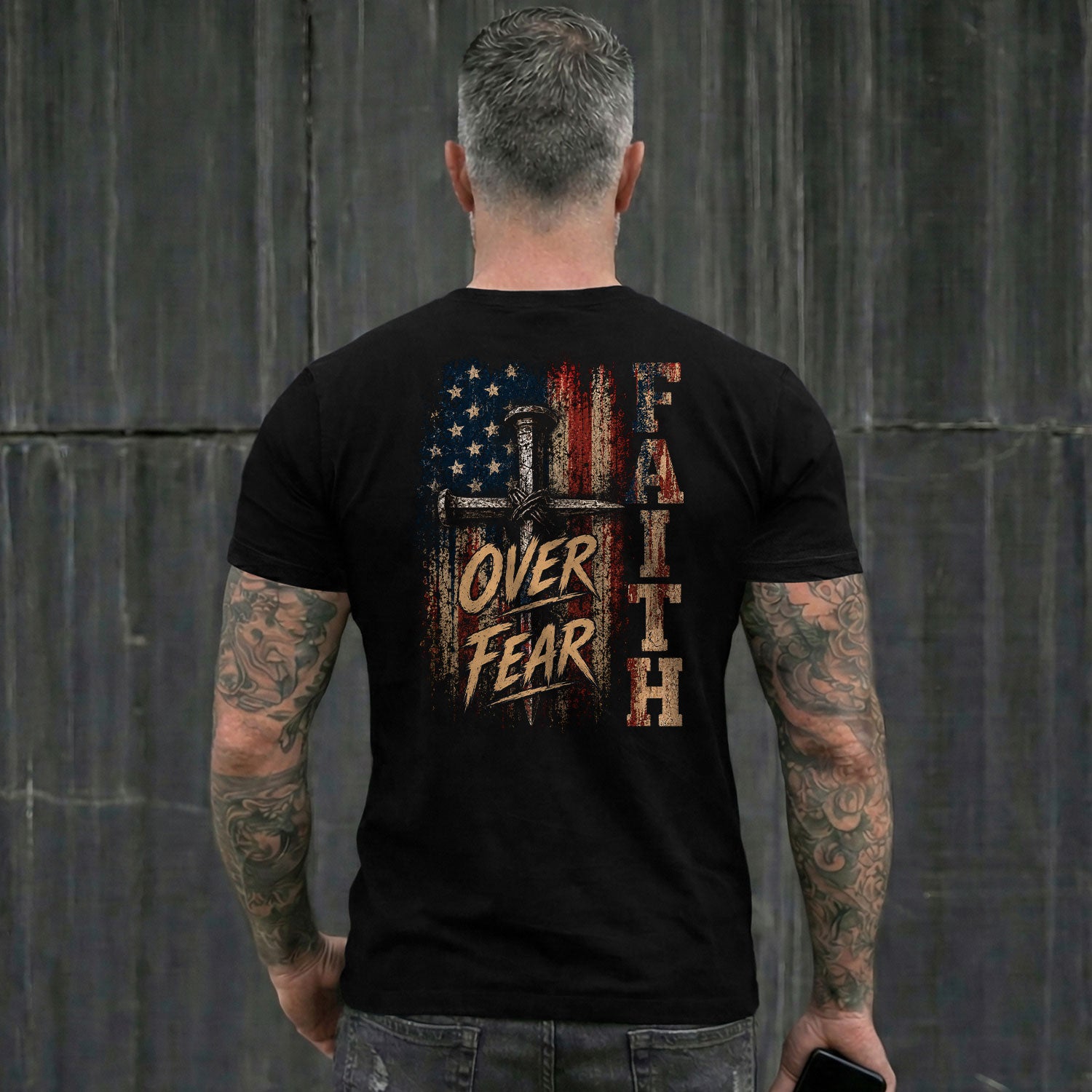 Faith Over Fear Nail Cross USA Flag Christian Graphic Tee Shirt For Men Clothing - Rust Field Wear