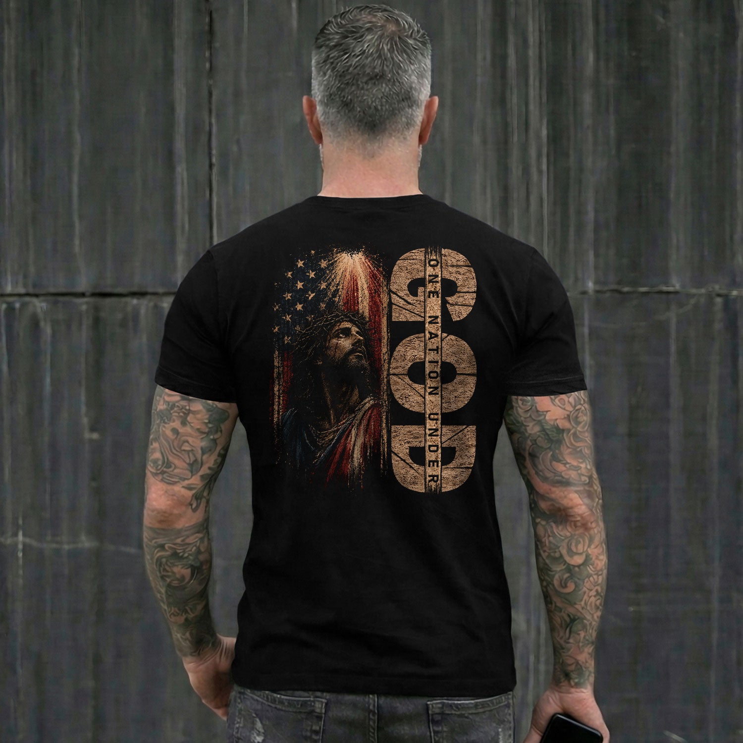 One Nation Under God Jesus USA Flag Christian Graphic Tee Shirt Men Faith Apparel - Rust Field Wear