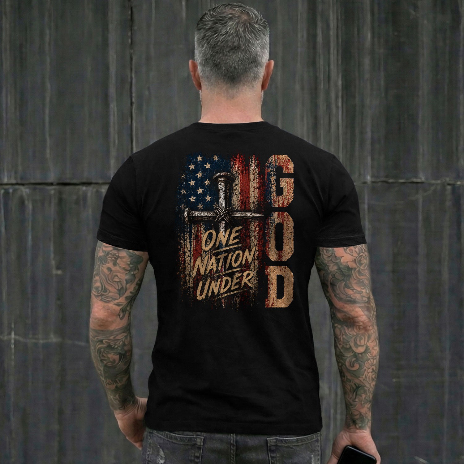 One Nation Under God Nail Cross USA Flag Christian Graphic Tee Shirt Men Faith Wear - Rust Field Wear