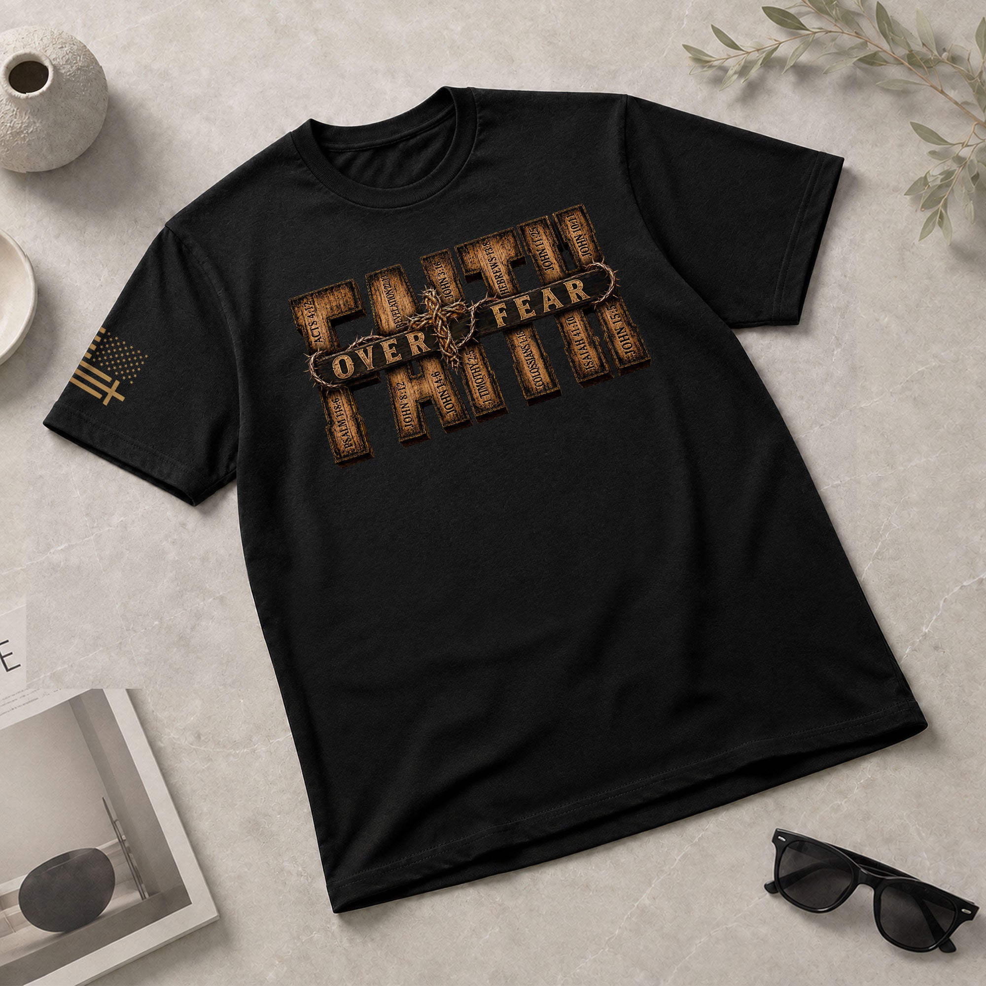 Faith Over Fear Wood Letters Scripture Christian Graphic Tee Shirt For Men Apparel - Rust Field Wear