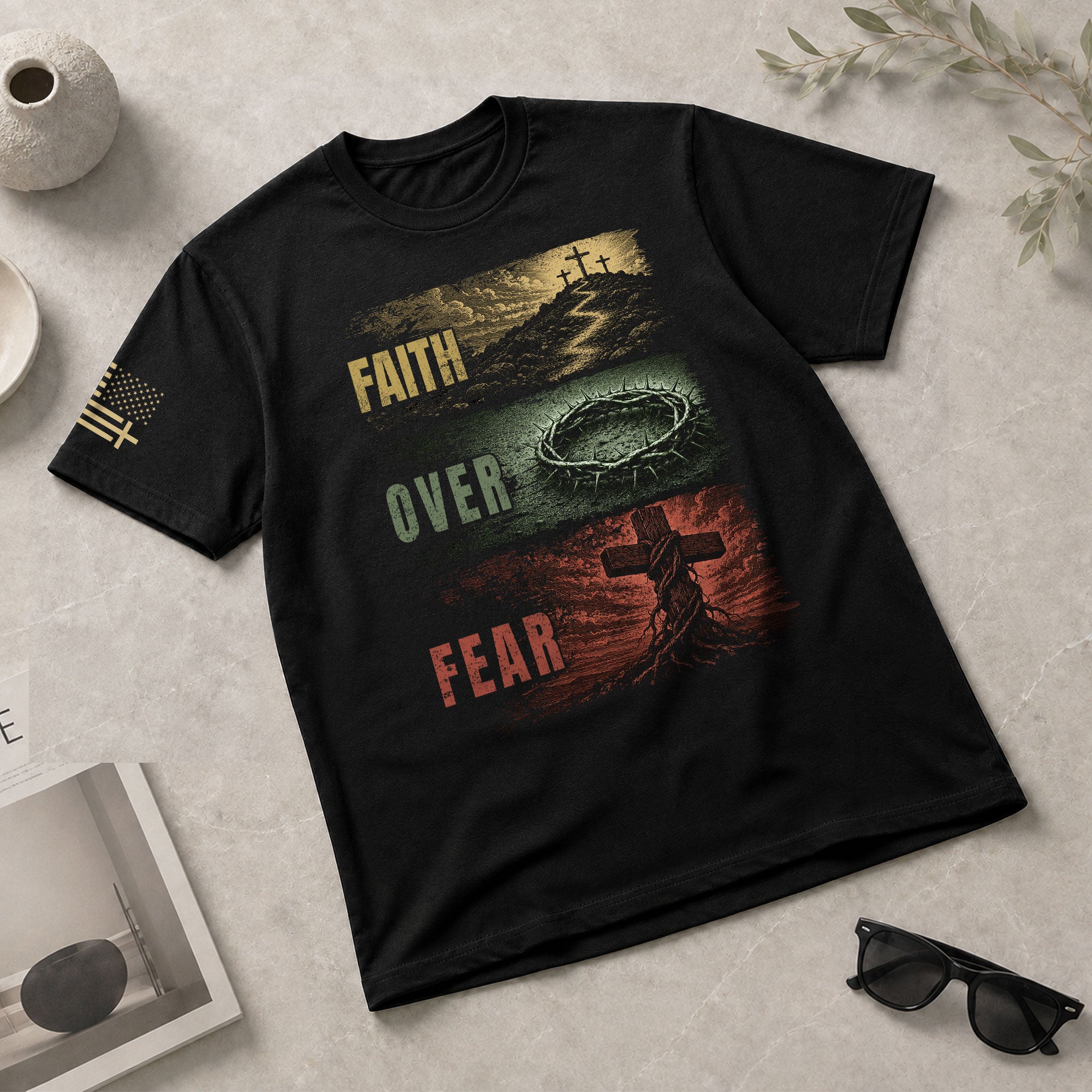 Faith Over Fear Three Panel Cross Crown Of Thorns Christian Graphic Tee Shirt For Men - Rust Field Wear